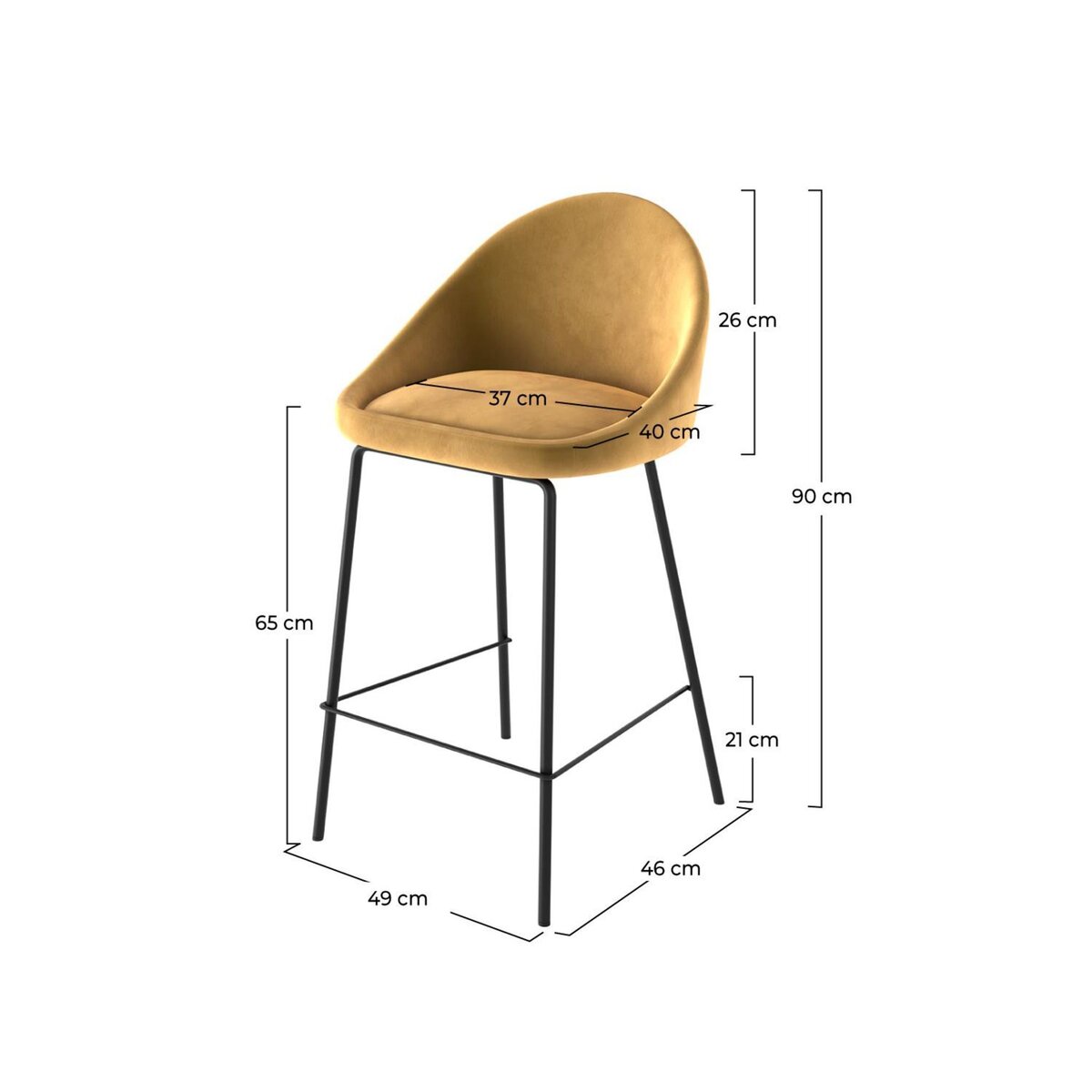 Rendez vous déco Lot de 2 chaises pour îlot central 65 cm en velours jaune - Misty