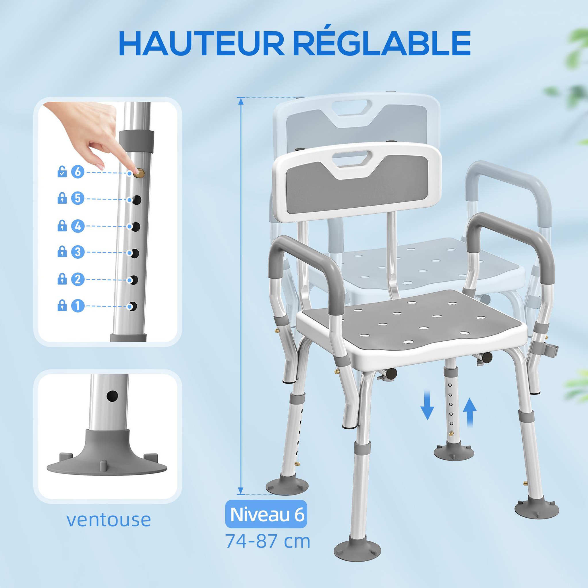 Voir la diapositive 6 : HOMCOM Chaise de douche siège de douche ergonomique hauteur réglable pieds antidérapants charge max. 136 kg alu hdpe blanc gris