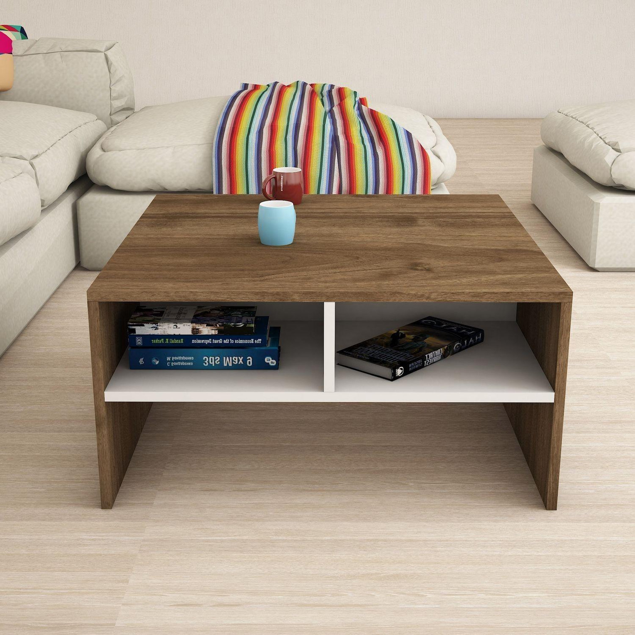 Voir la diapositive 2 : TOILINUX Table basse carrée avec niches de rangement - l.80cm - blanc et marron