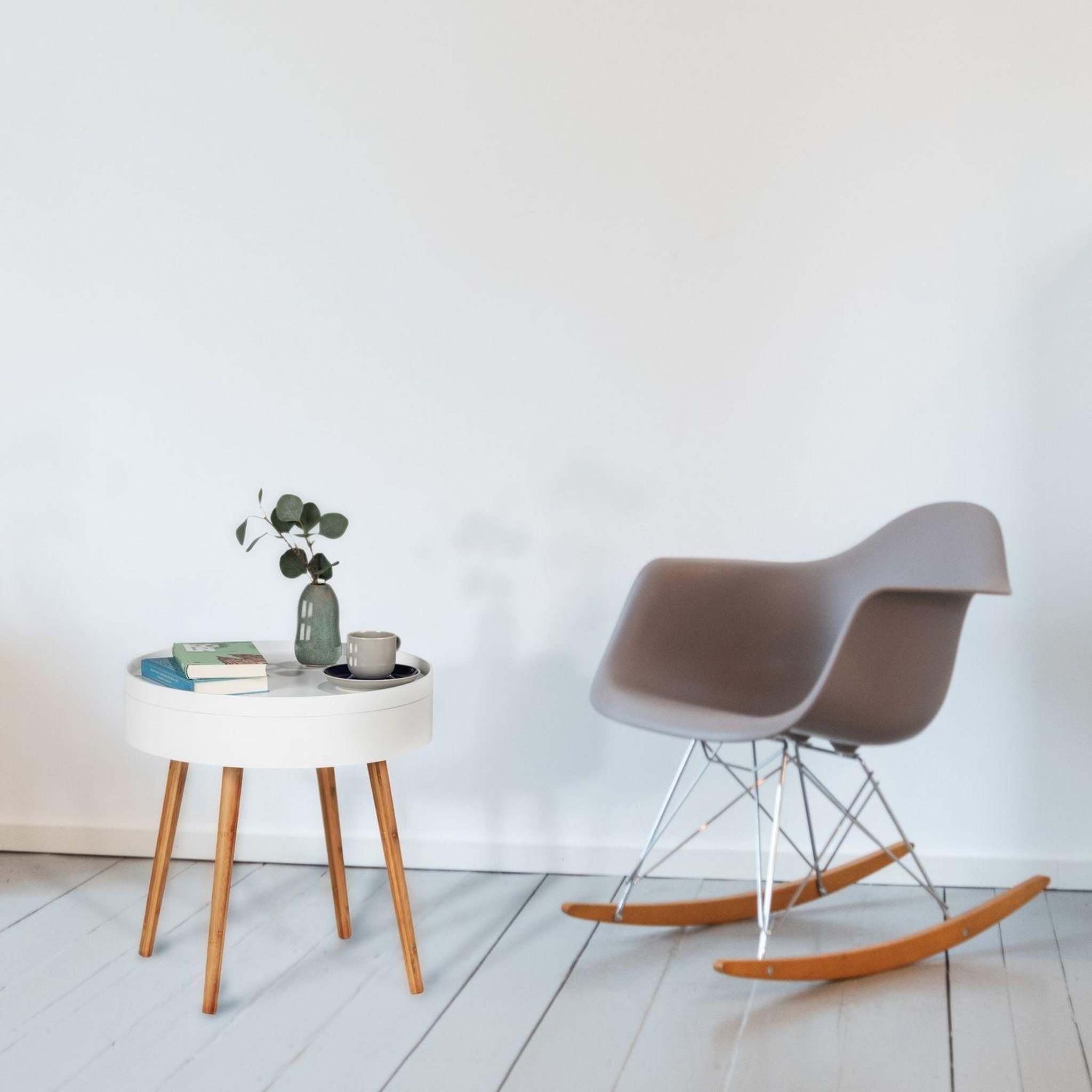 Voir la diapositive 4 : Wenko Table d'appoint ronde avec couvercle en MDF et Bambou - Blanc et Beige