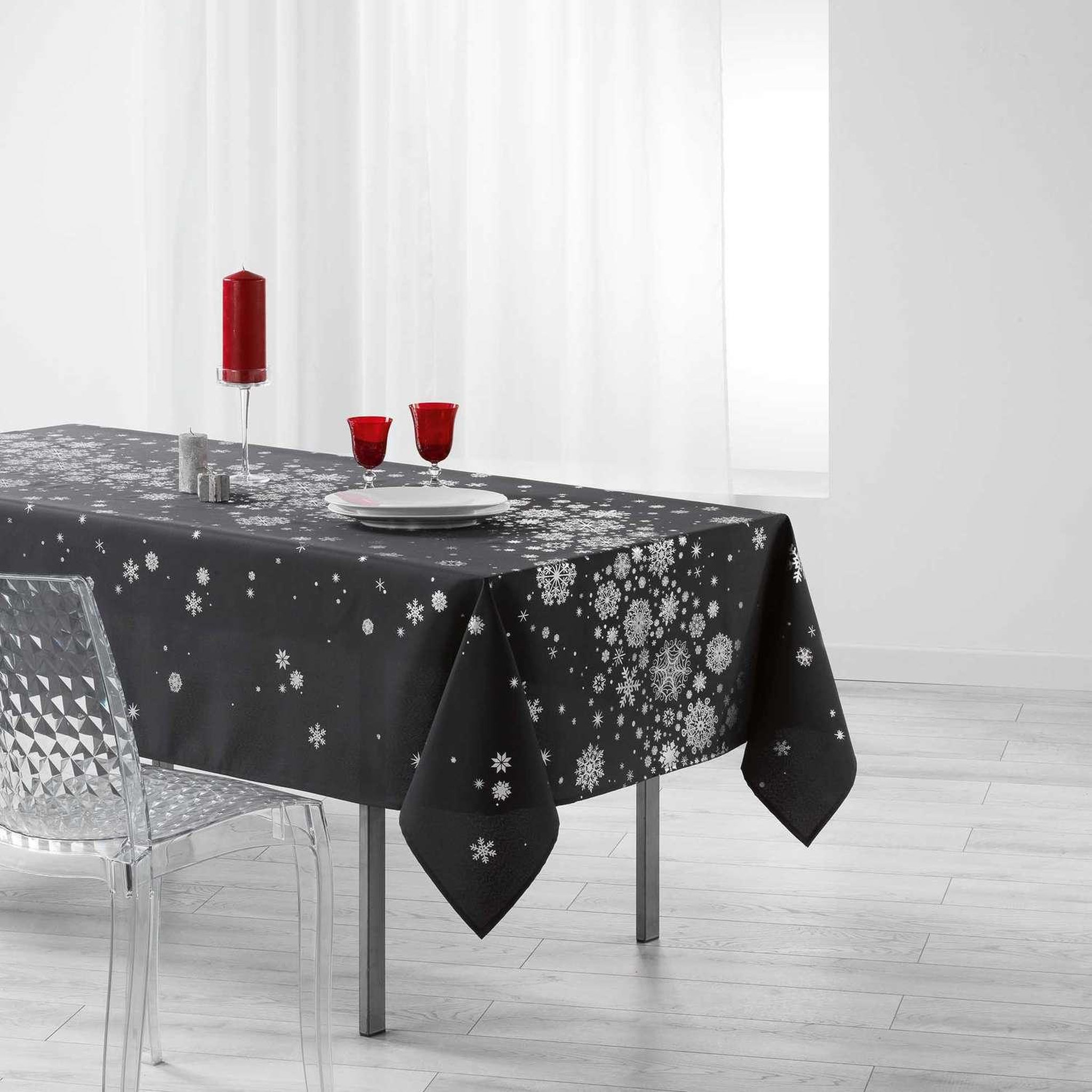 Voir la diapositive 2 : Douceur d'Intérieur Nappe rectangulaire antitache et infroissable imprimé flocons - l. 150 x l. 240 cm - anthracite et argent