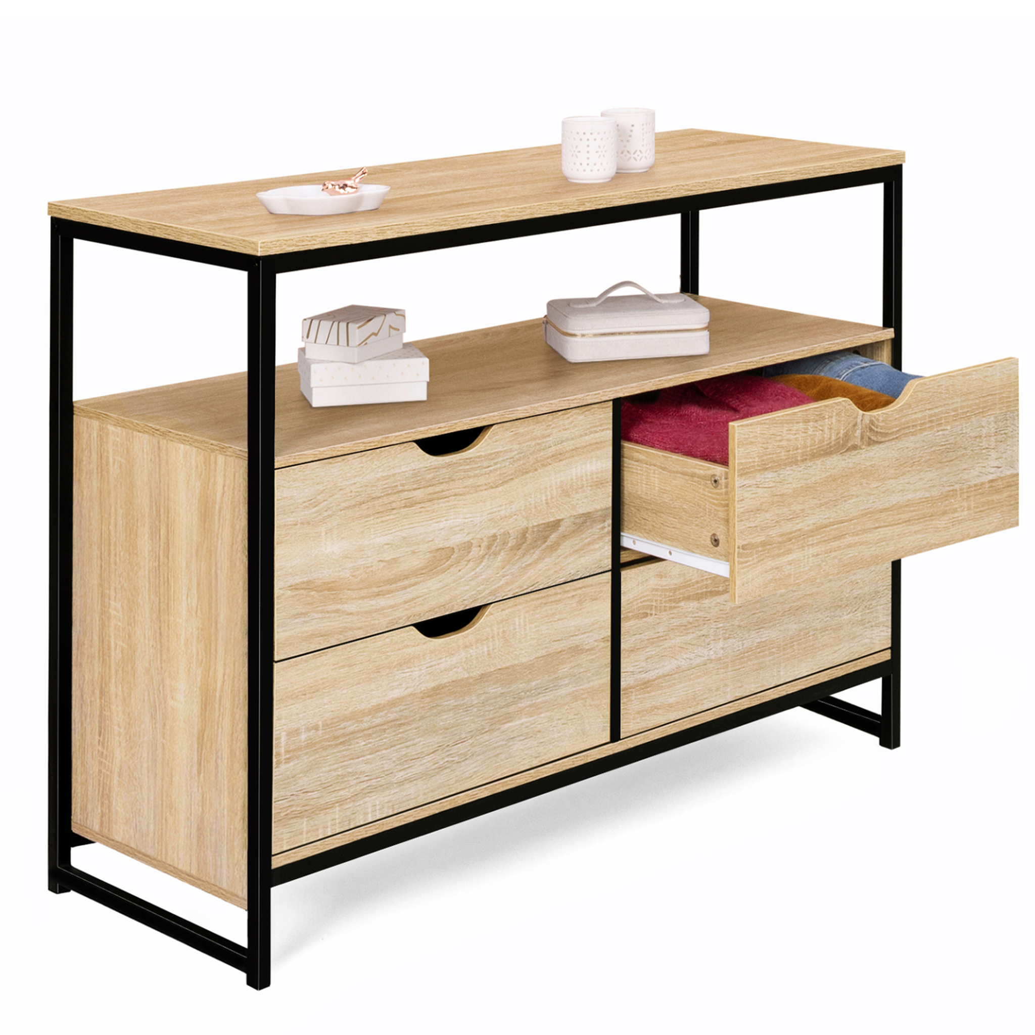 Voir la diapositive 4 : ID MARKET Commode 4 tiroirs detroit 110 cm design industriel avec étagère