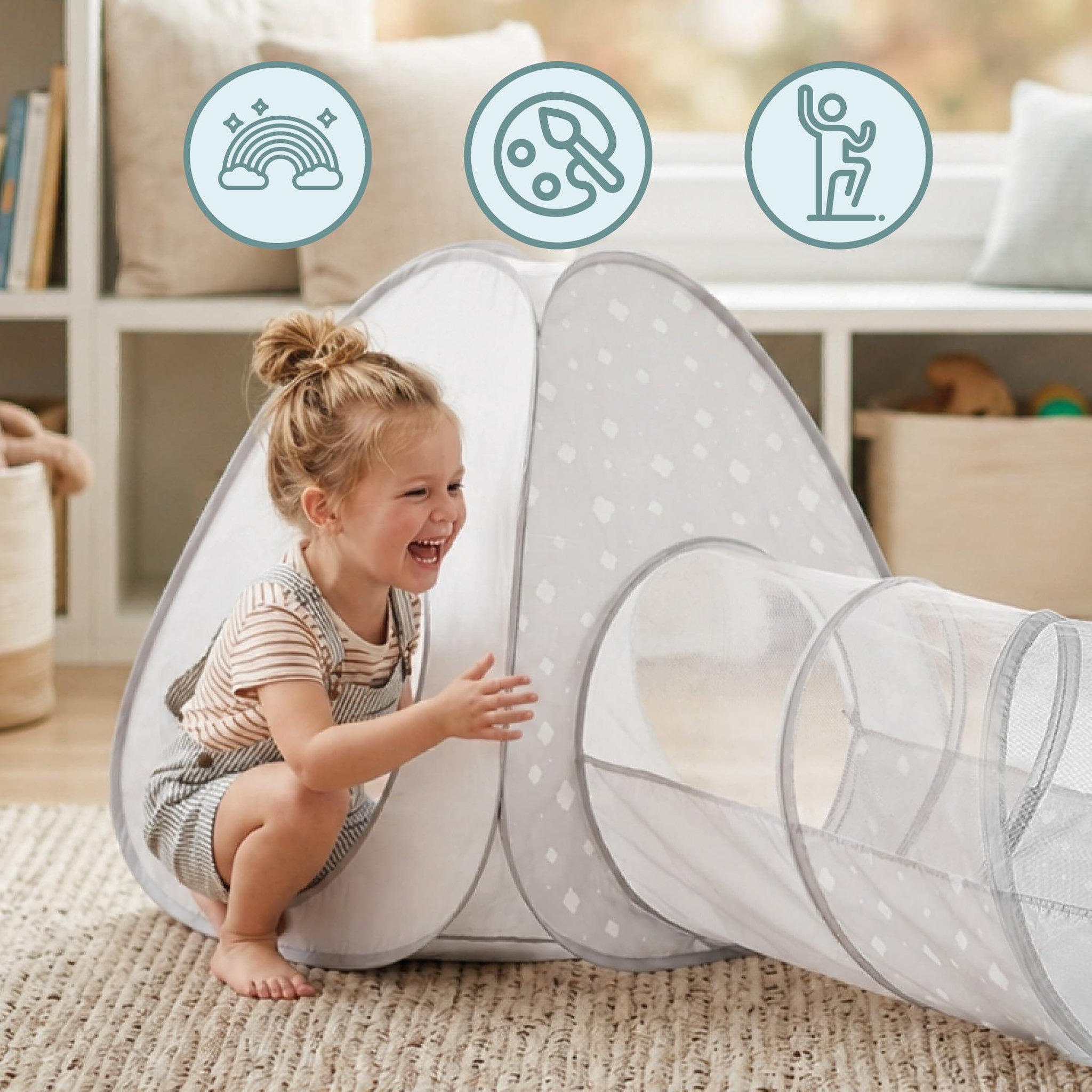 Voir la diapositive 5 : HYPERMOTION Tente Tunnel Enfant Pop-Up 3 en 1 Triangle Cube Labyrinthe Dim 302x80cm Gris