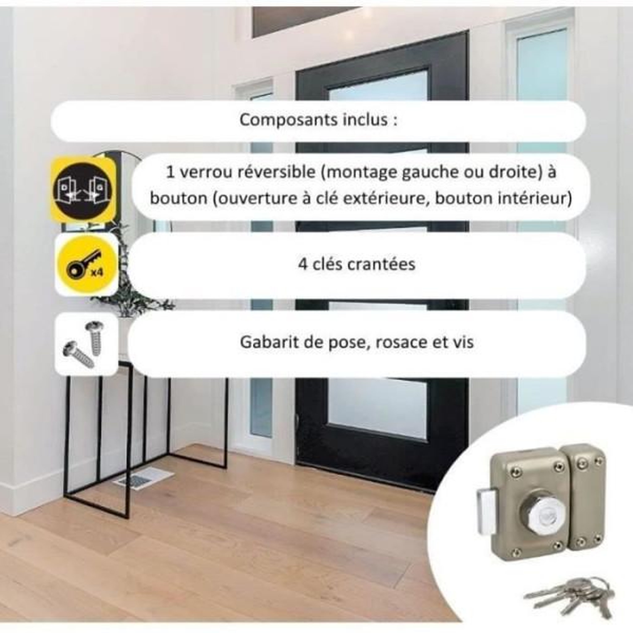 Voir la diapositive 3 : YALE Verrou de porte bouton/cylindre - yale - yv25bt-45 - protection anti arrachement - 4 clés - beige