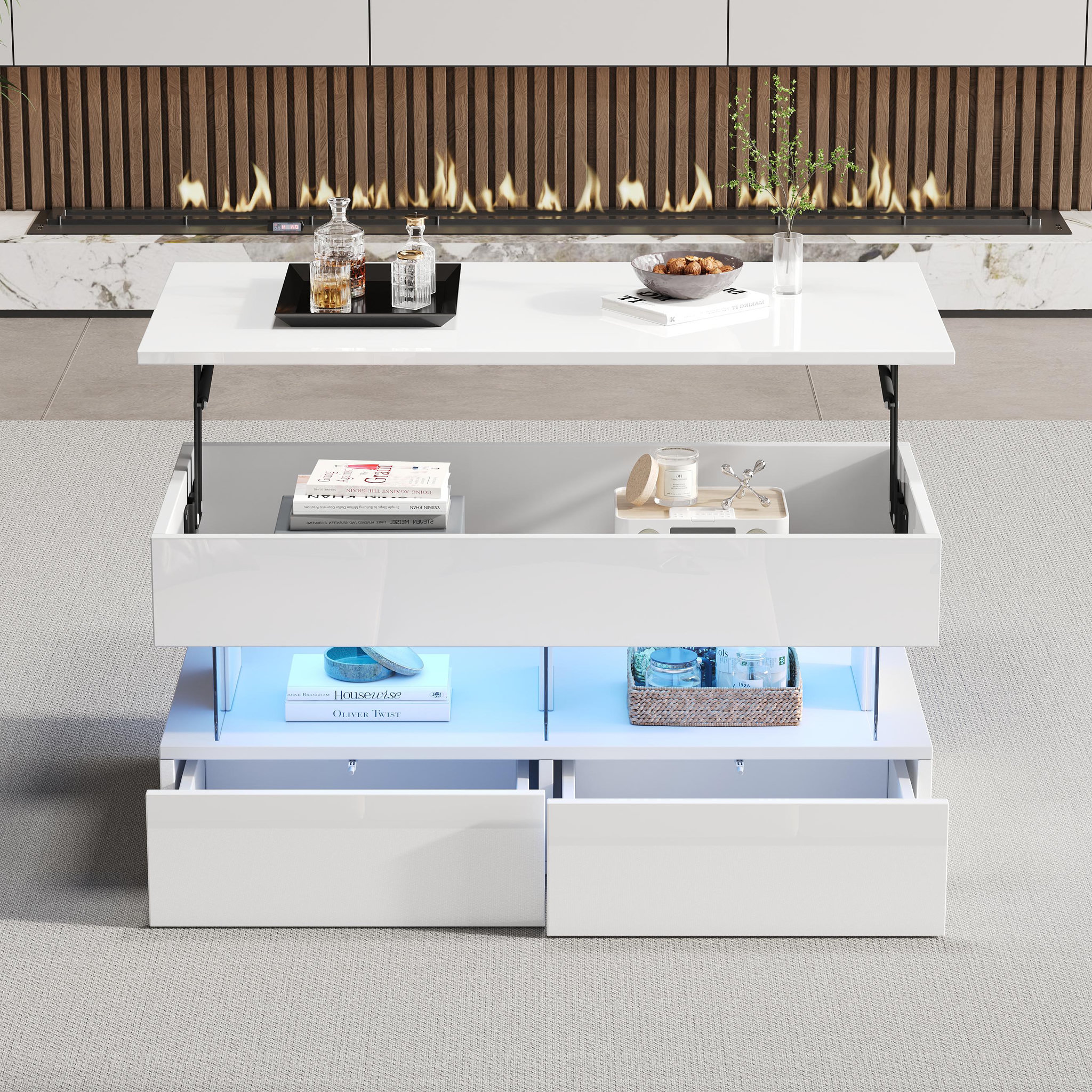 Voir la diapositive 5 : MERAX Table basse relevable rectangulaire blanc - 50x100 cm led mdf