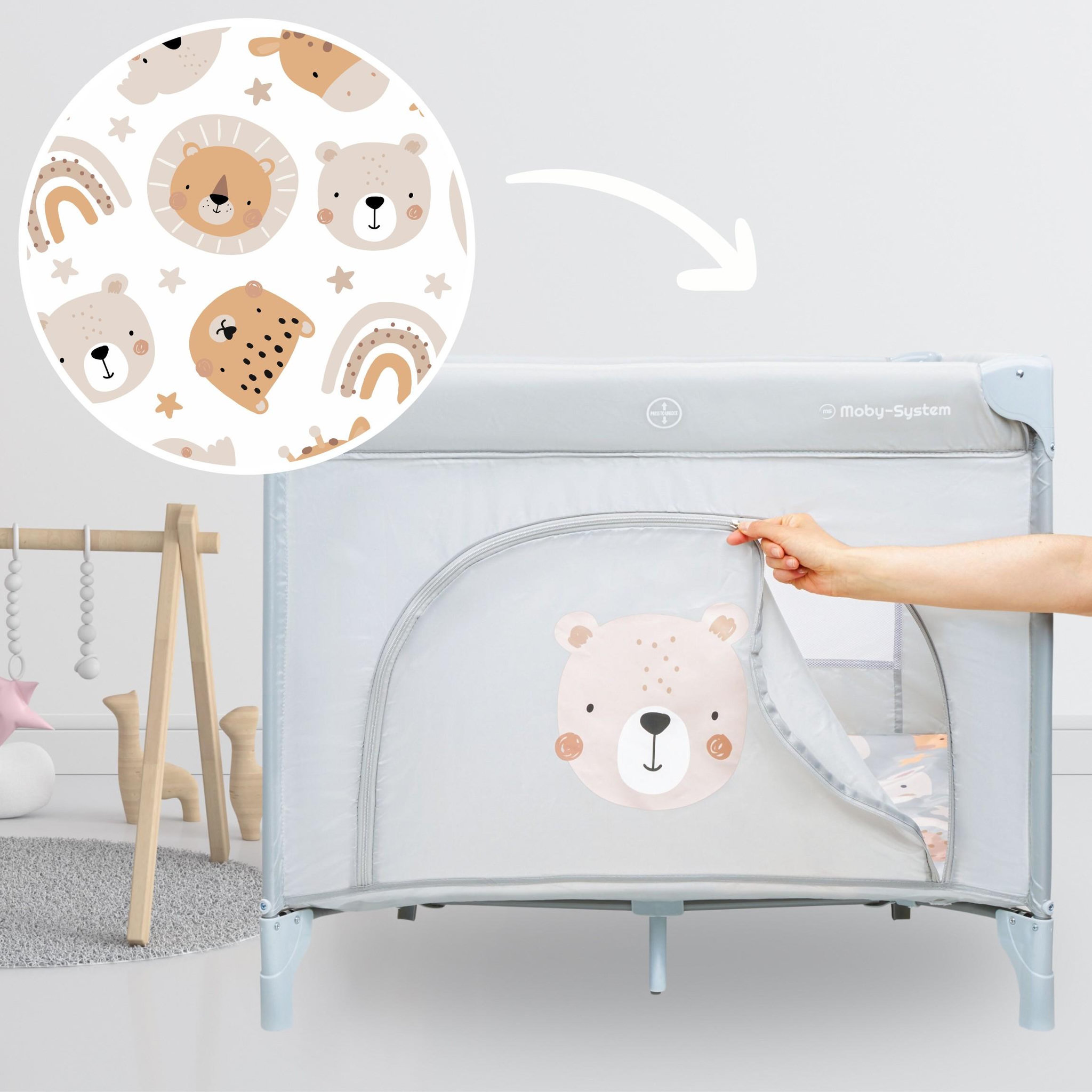 Voir la diapositive 2 : MOBY SYSTEM Parc Bébé Pliable Moby-System Teddy Bear avec Matelas et Sac de Transport, de 0 à 36 Mois