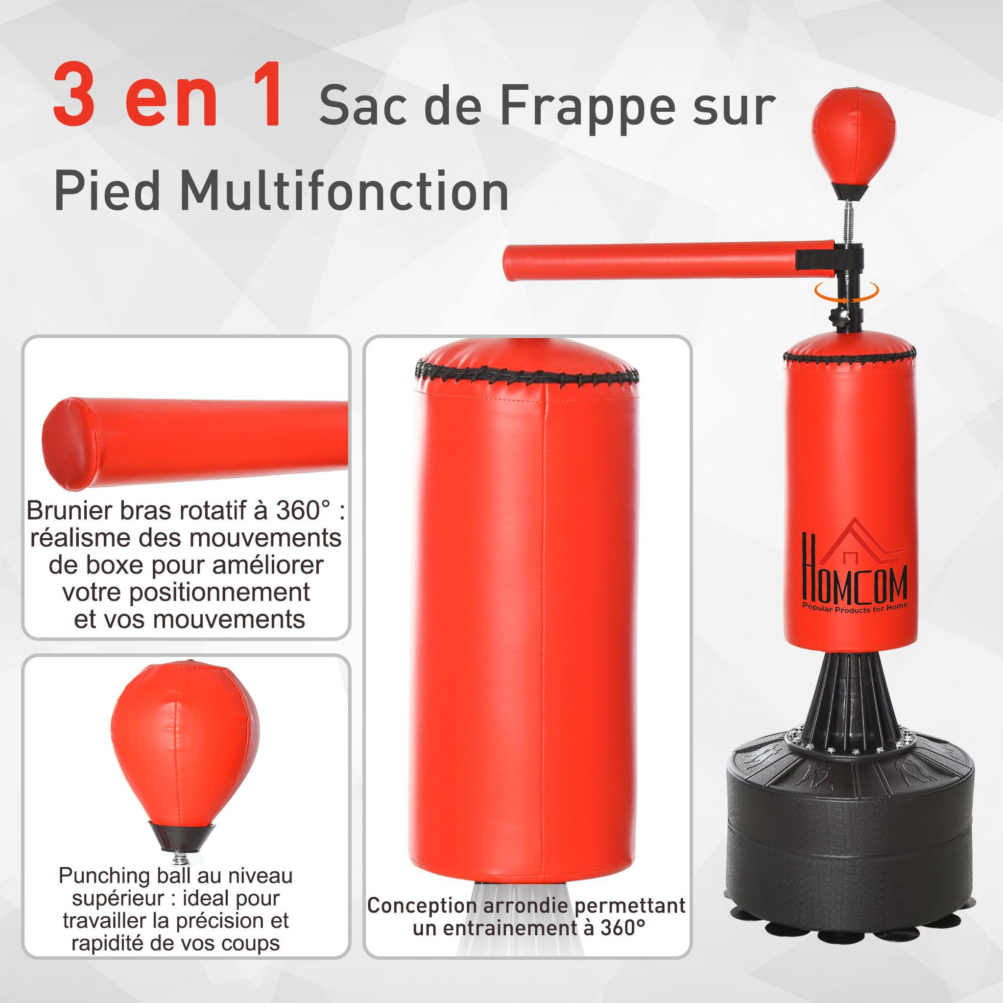 Voir la diapositive 4 : HOMCOM Sac de frappe boxe autoportant punching ball brunier 3 en 1 revêtement synthétique dim. 88l x 48l x 155-205h cm rouge noir