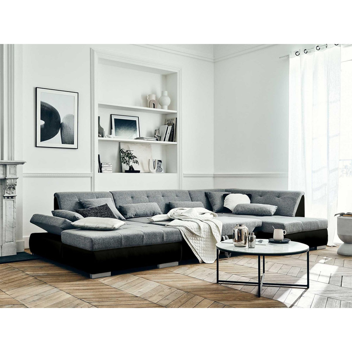 LISA DESIGN Vermont - canapé panoramique d'angle droit - 7 places - convertible - en simili et tissu