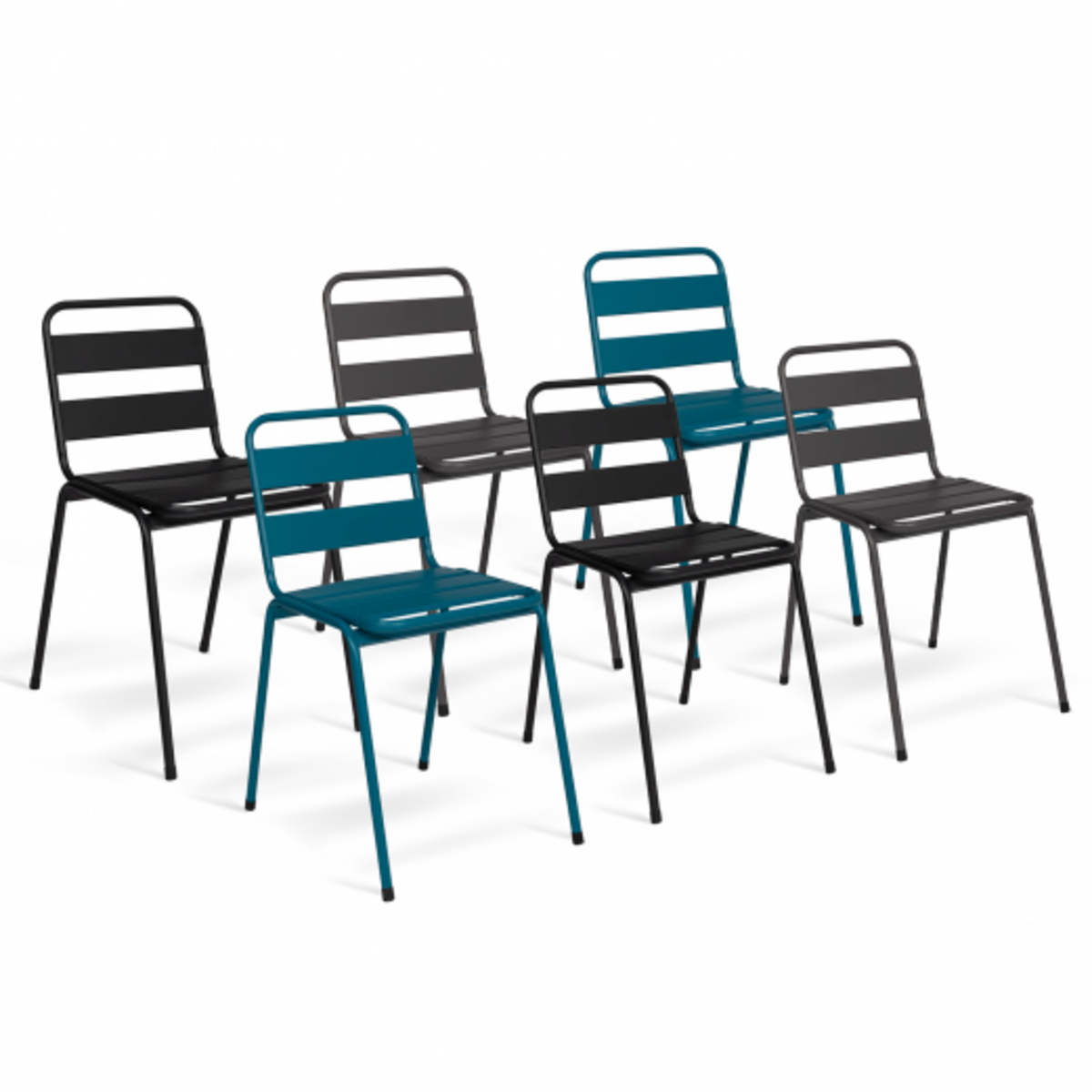 ID MARKET Lot de 6 chaises de jardin VALENCIA en acier mix color gris anthracite, noir et bleu