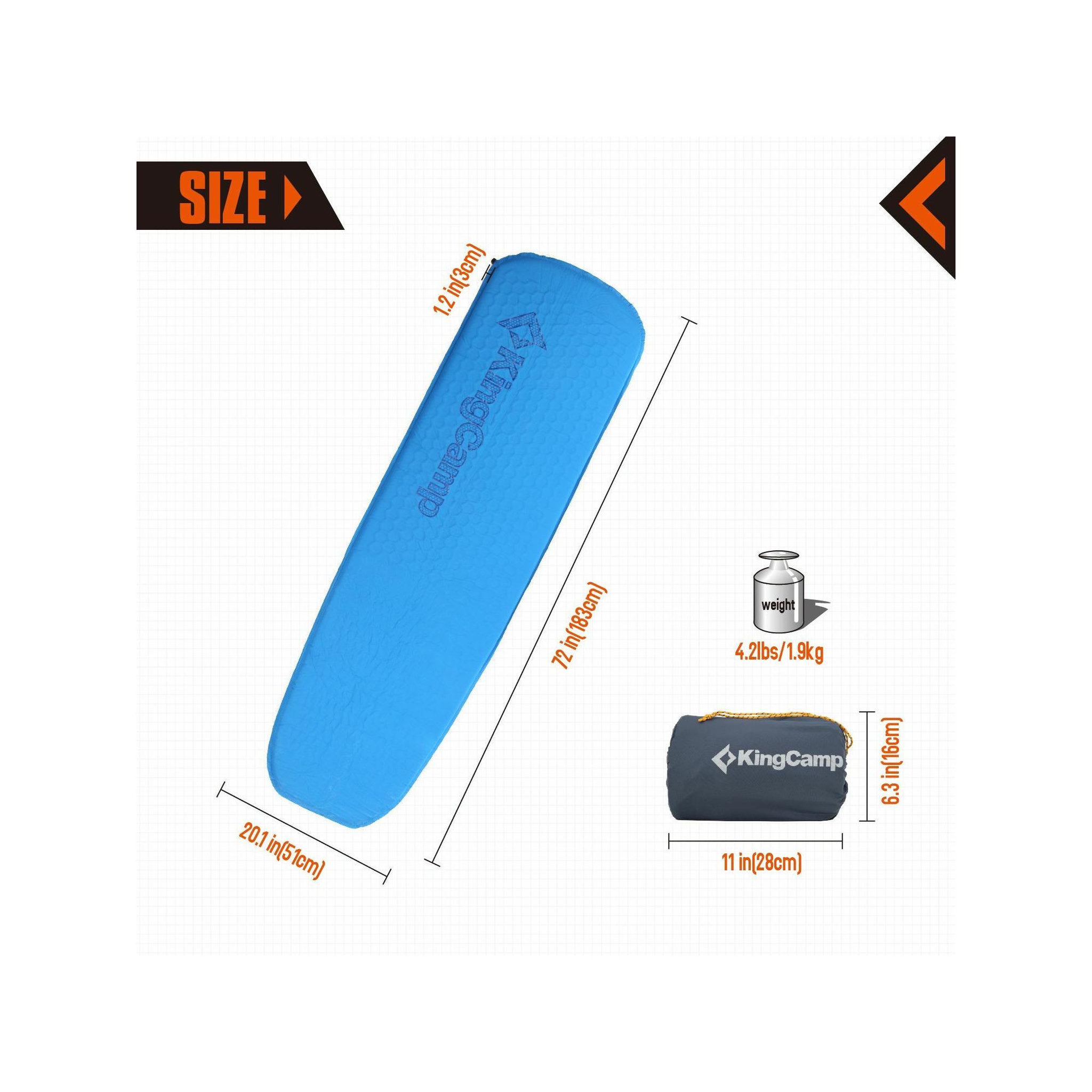Voir la diapositive 2 : KINGCAMP Tapis de camping autogonflant - kingcamp - bleu - 183 x 51 cm