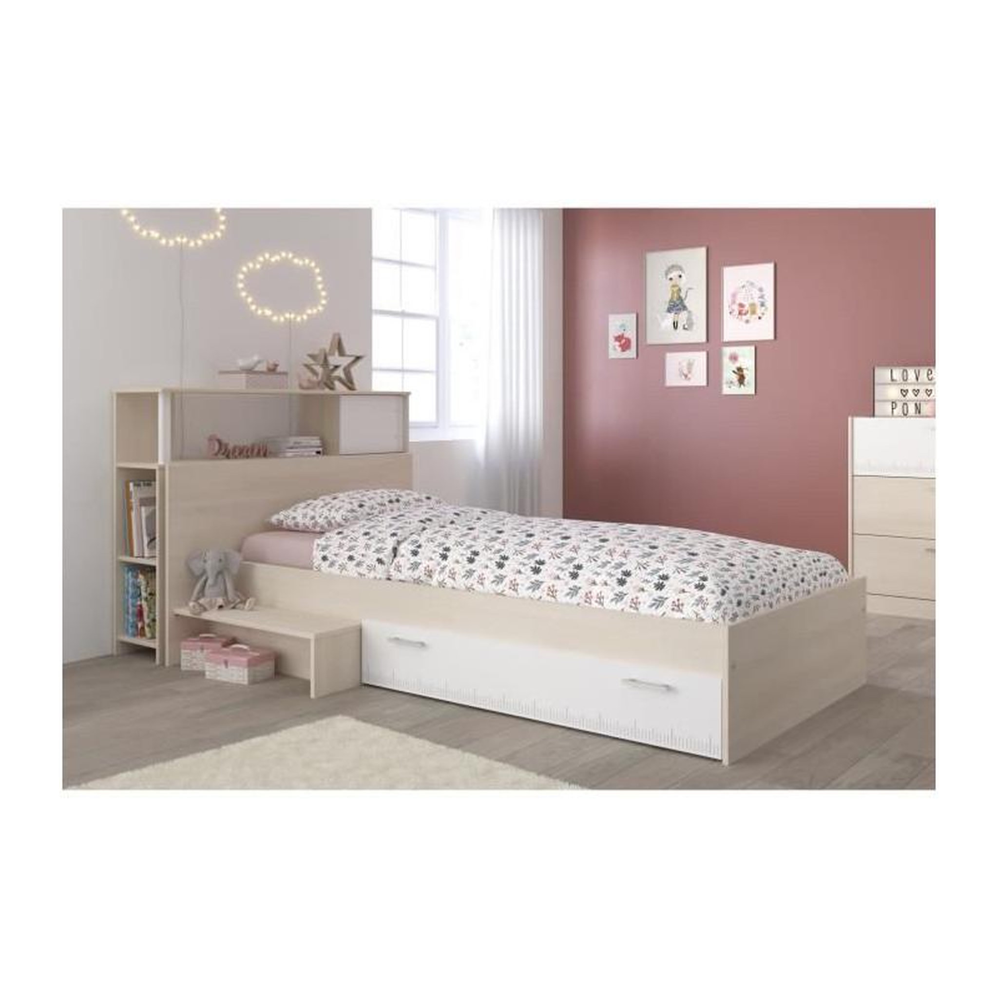 Voir la diapositive 2 : PARISOT PARISOT Ensemble lit + tete de lit avec rangement - Style contemporain - Decor acacia clair et blanc - CHARLEMAGNE