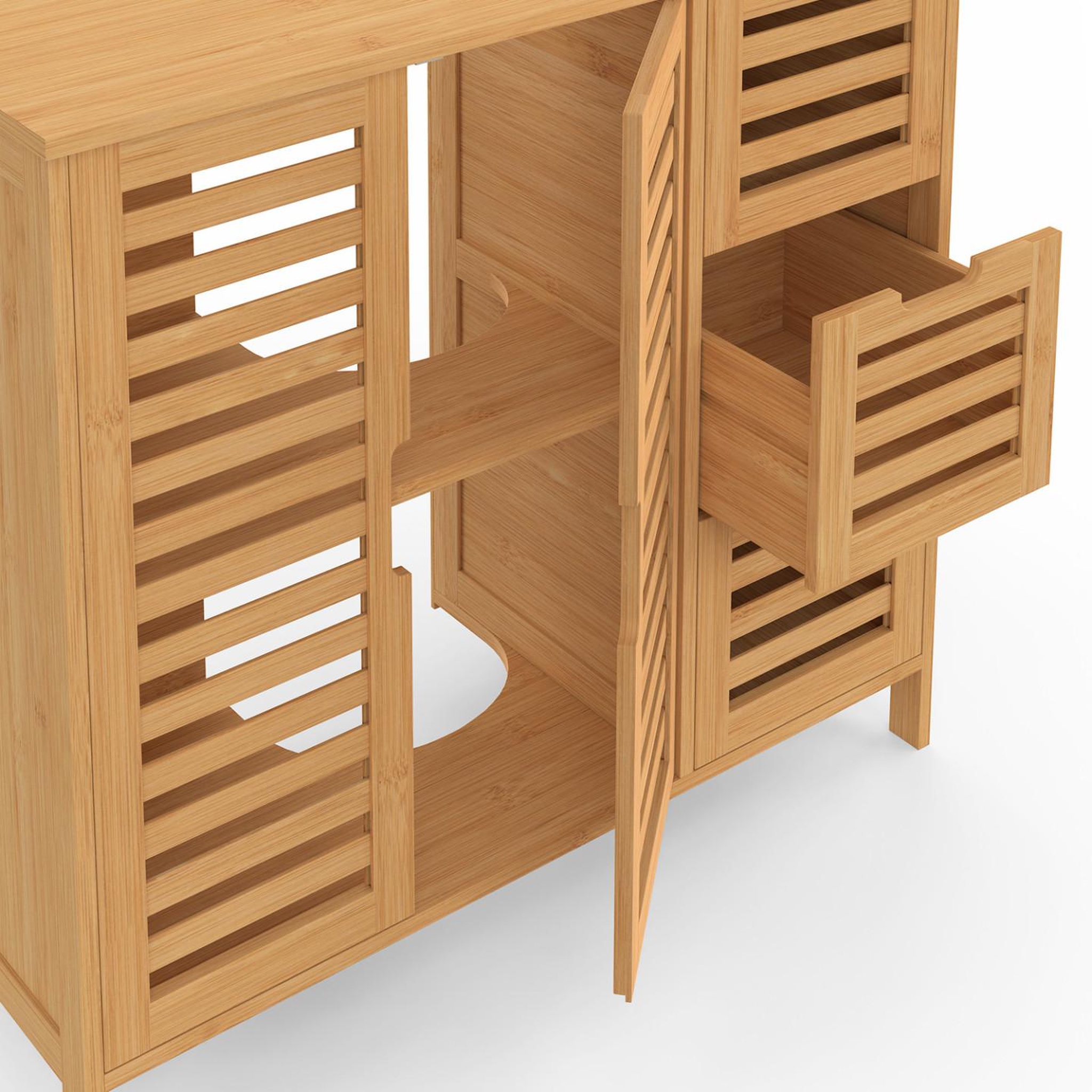 Voir la diapositive 6 : ID MARKET Meuble sous lavabo salle de bain bambou bea avec placard et 3 tiroirs