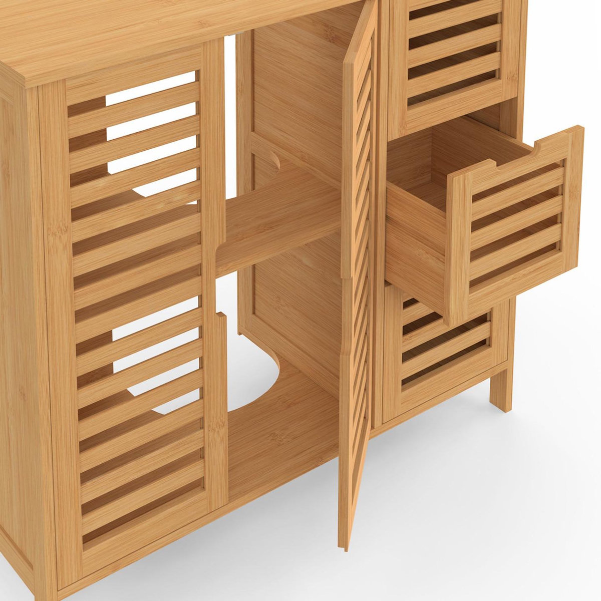 ID MARKET Meuble sous lavabo salle de bain bambou BEA avec placard et 3 tiroirs