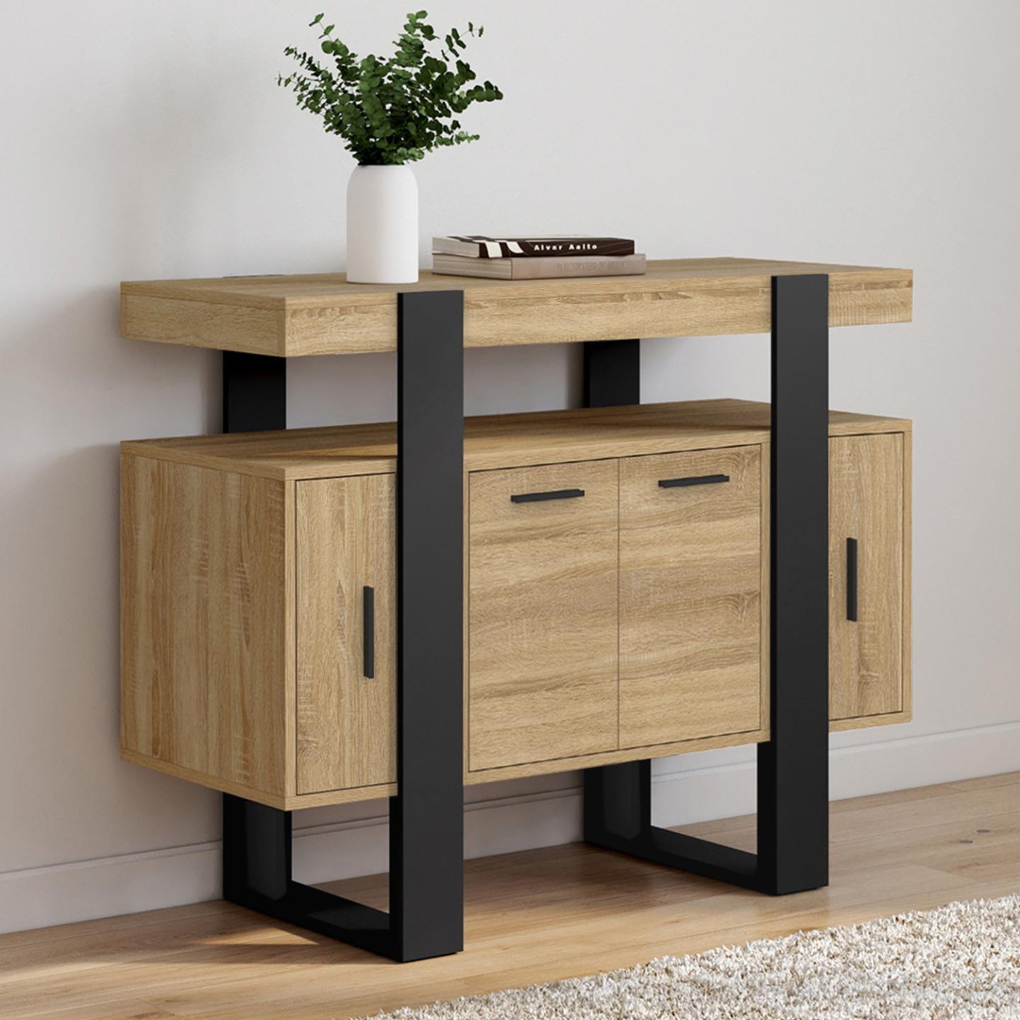 Voir la diapositive 2 : ID MARKET Buffet 100 cm phoenix 4 portes bois et noir