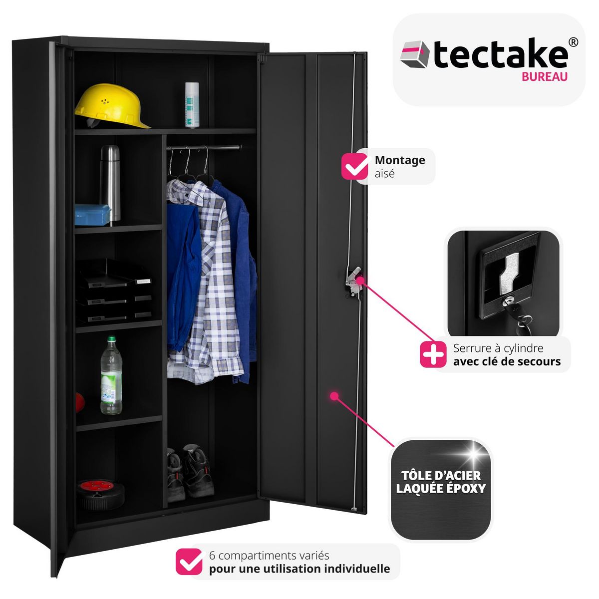 tectake Vestiaire en métal en Acier lâqué époxy noir