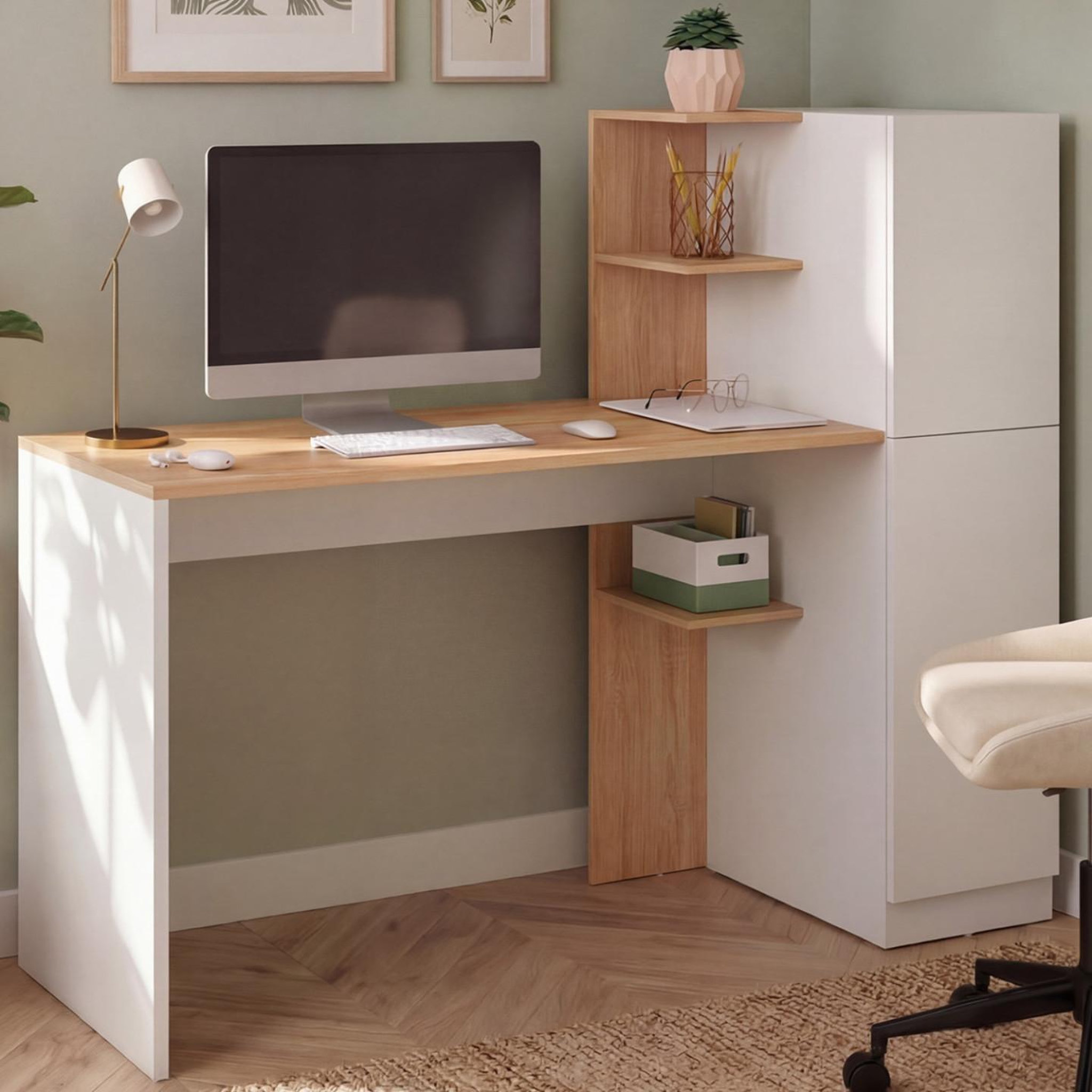 Voir la diapositive 2 : ID MARKET Bureau avec armoire de rangements 140x50 cm NICO étagères blanc et bois