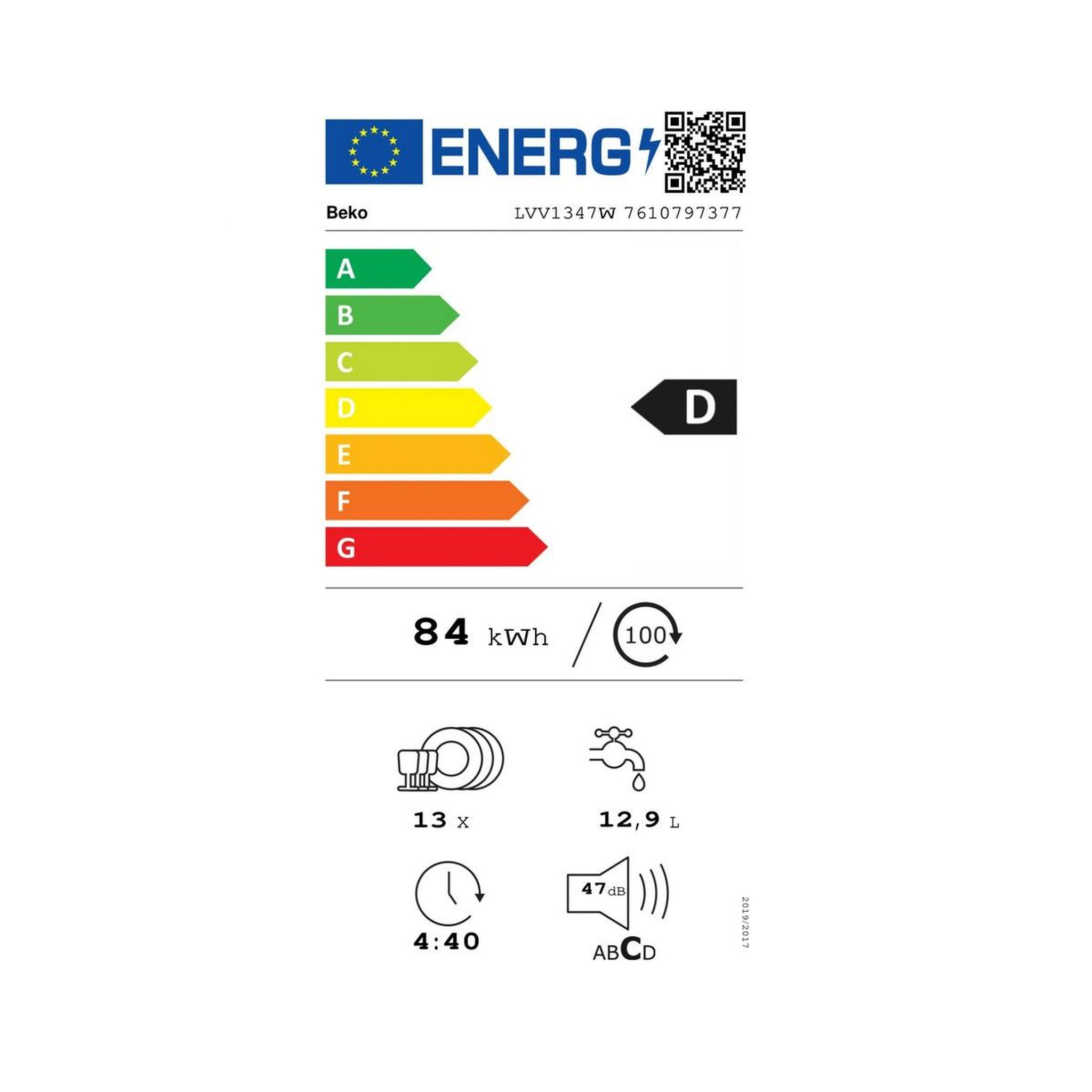 Voir la diapositive 2 : Beko Lave-vaisselle 60cm 13 couverts 47db - lvv1347w