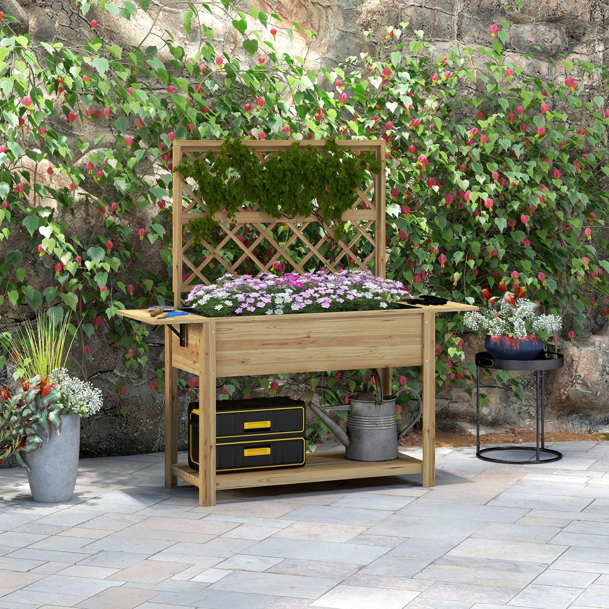 OUTSUNNY Jardinière rectangulaire sur pied avec treillis - tablettes, étagère - bois sapin autoclave