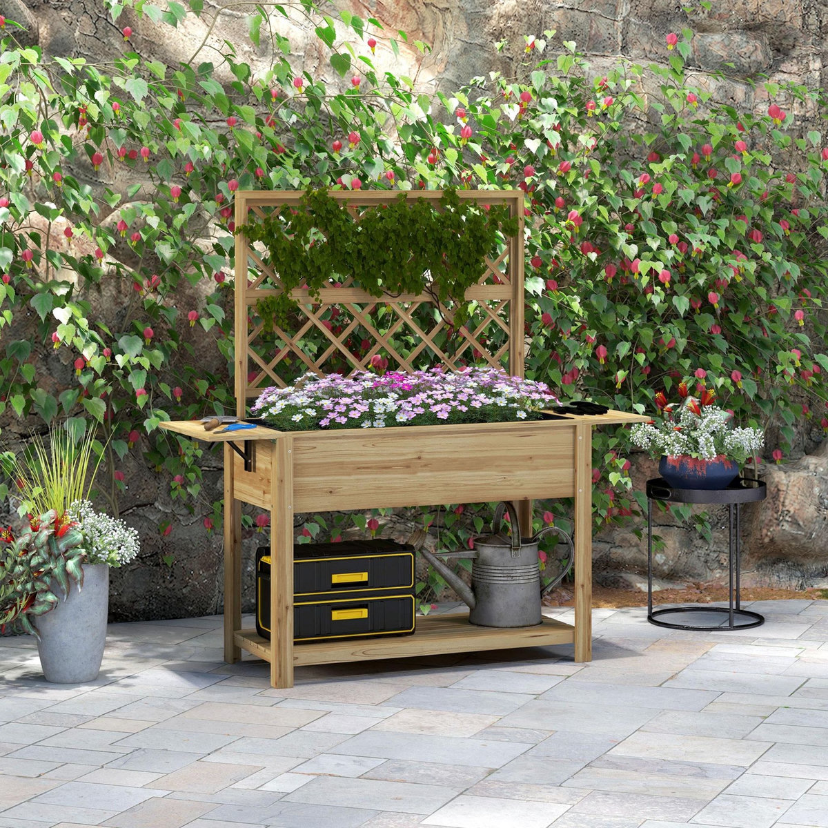 OUTSUNNY Jardinière rectangulaire sur pied avec treillis - tablettes, étagère - bois sapin autoclave