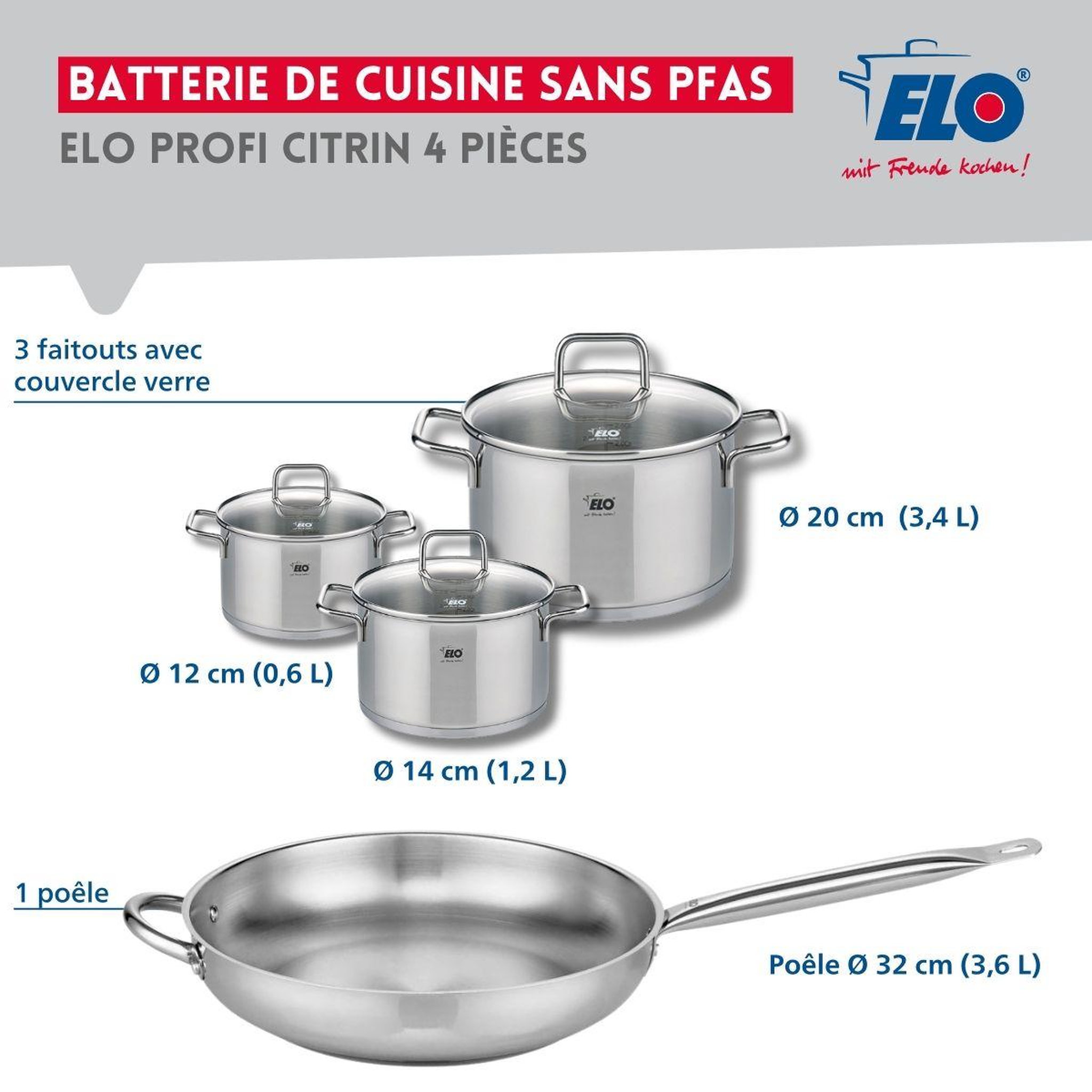 Voir la diapositive 2 : ELO Set de 1 poêle de cuisson 32 cm et 3 faitouts 12, 14 et 20 cm elo profi citrin