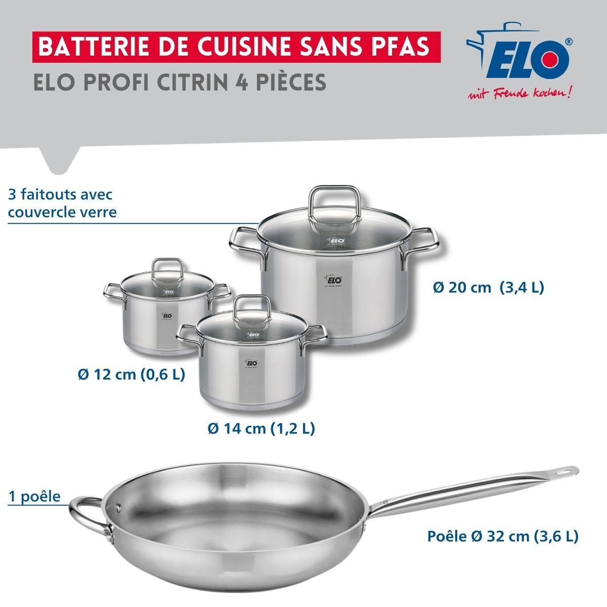 ELO Set de 1 Poêle de cuisson 32 cm et 3 faitouts 12, 14 et 20 cm Elo Profi Citrin