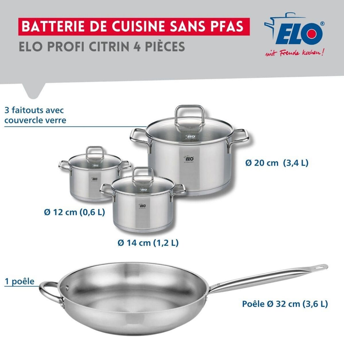 ELO Set de 1 Poêle de cuisson 32 cm et 3 faitouts 12, 14 et 20 cm Elo Profi Citrin