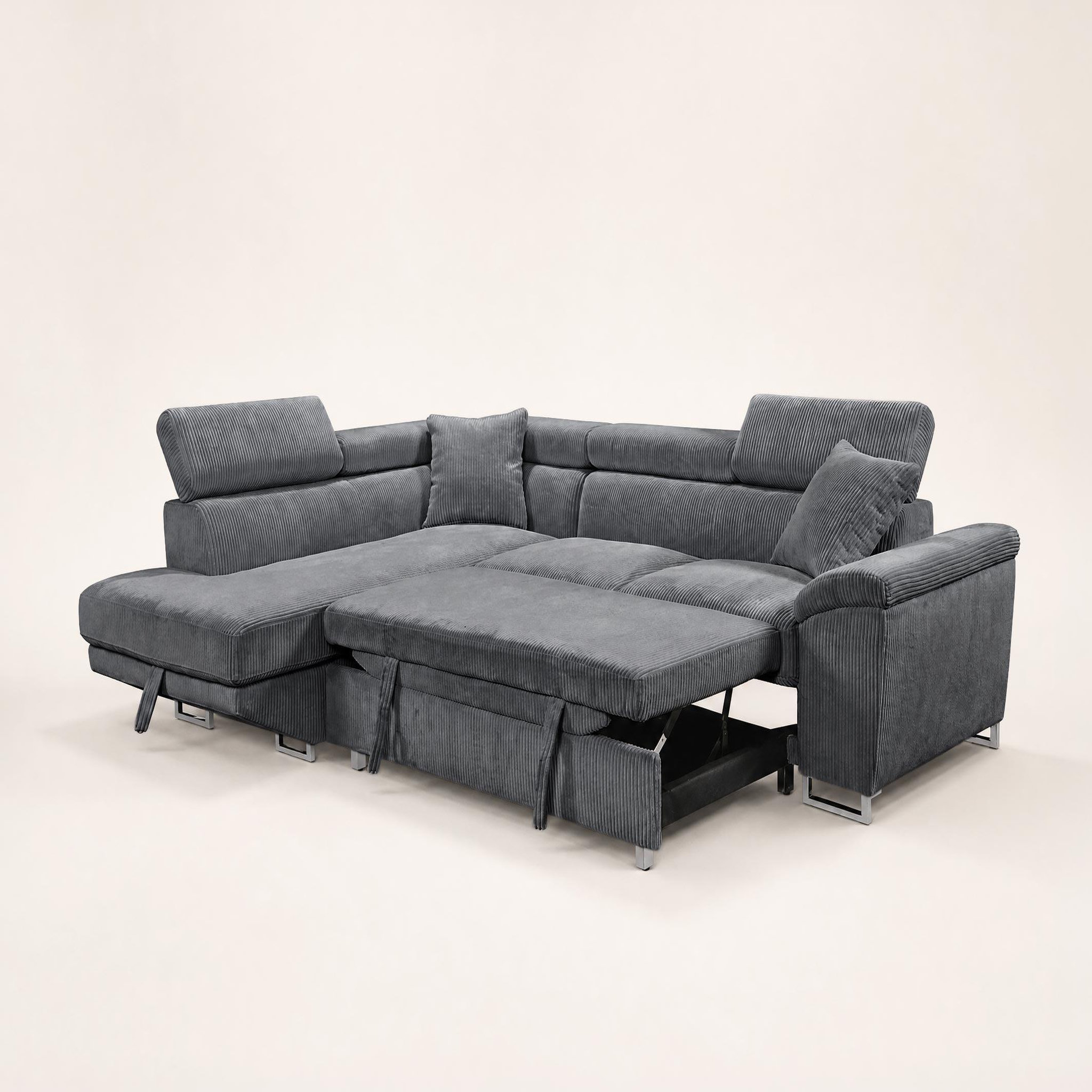 Voir la diapositive 6 : BEST MOBILIER Baoji - canapé d'angle gauche 5 places convertible avec têtières et coffre en velours côtelé