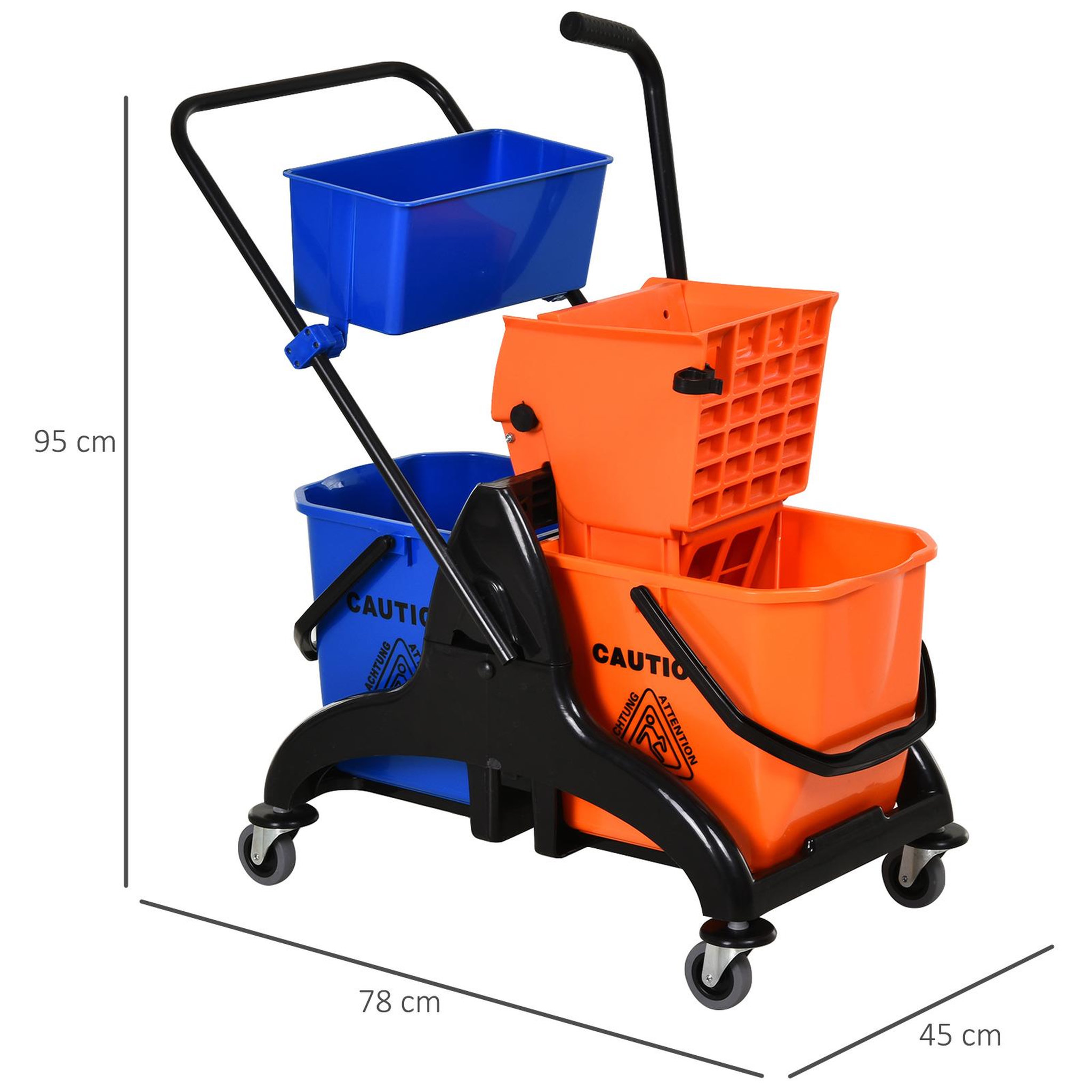 Voir la diapositive 3 : HOMCOM Chariot de lavage chariot de nettoyage professionnel presse à mâchoire 2 seaux + rangement orange bleu