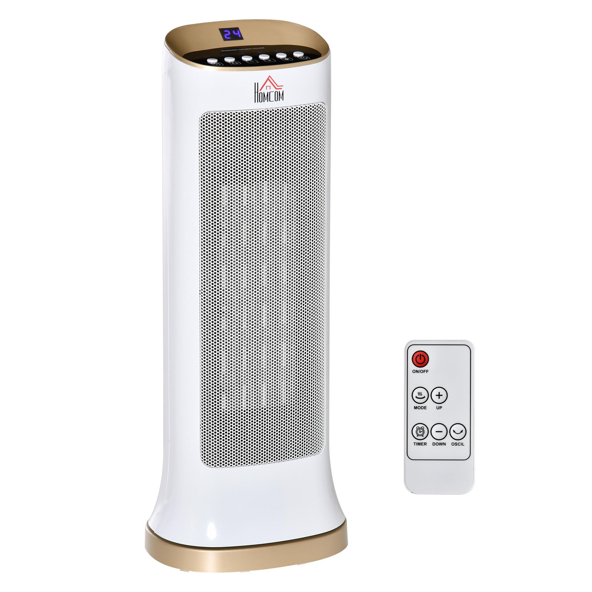 Voir la diapositive 1 : HOMCOM Chauffage soufflant oscillant 2000 W - radiateur céramique PTC - 3 niveaux de puissance - chauffage d'appoint avec télécommande blanc doré