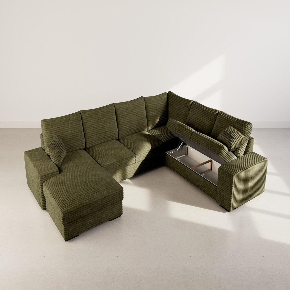 BEST MOBILIER Lorie - canapé panoramique d'angle droit 7 places convertible en velours côtelé grosse côte avec coffre