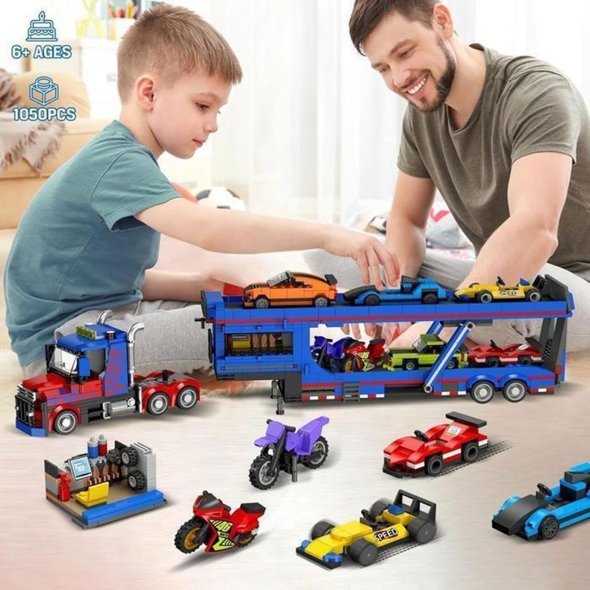 Voir la diapositive 5 : Jeu de construction camion transporteur 1050 pièces avec rampe ajustable, cabines ouvrante et toit amovible, atelier et mini voitures