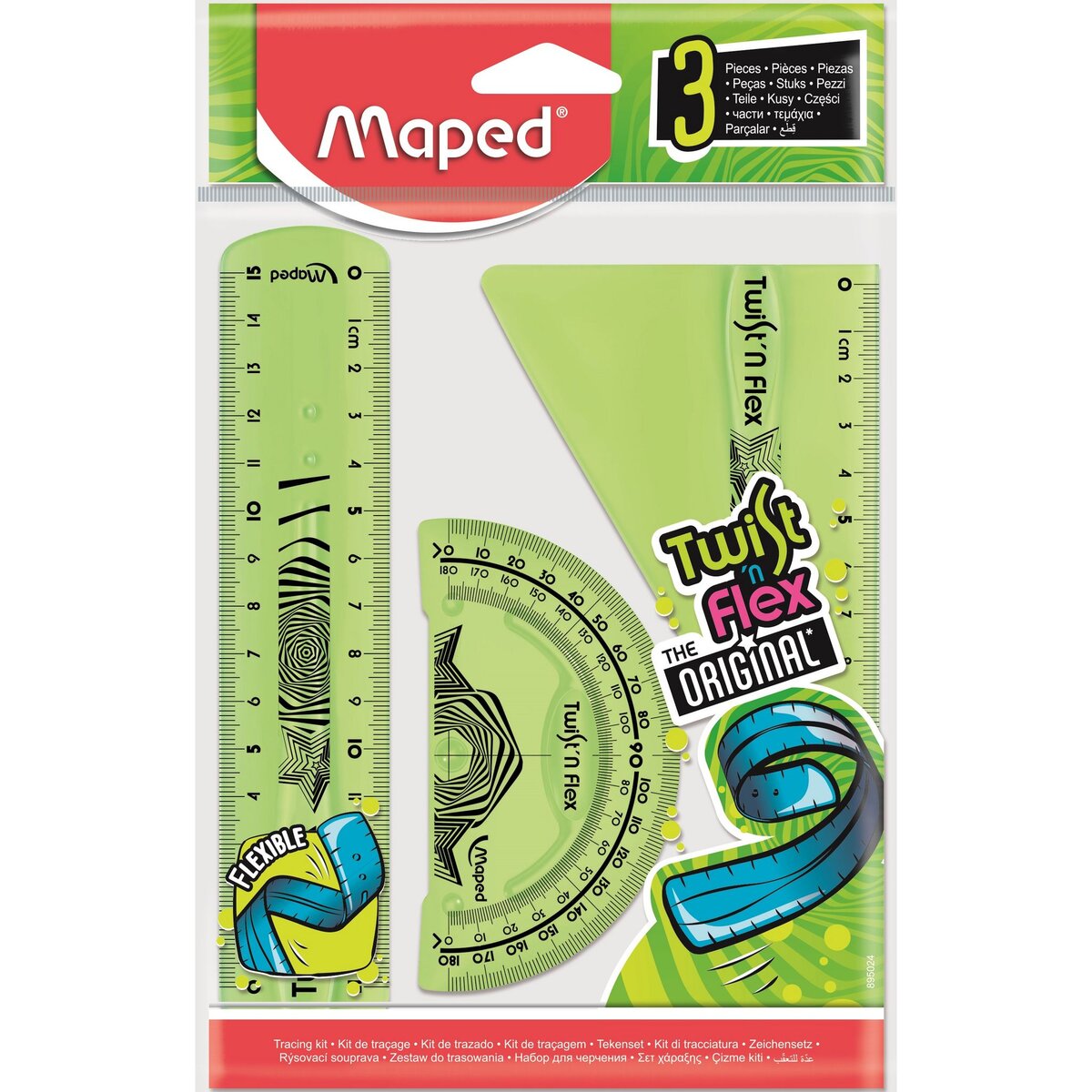 MAPED Mini kit de traçage 3 pièces règle + équerre + rapporteur fléxible Twist N Flex Vert