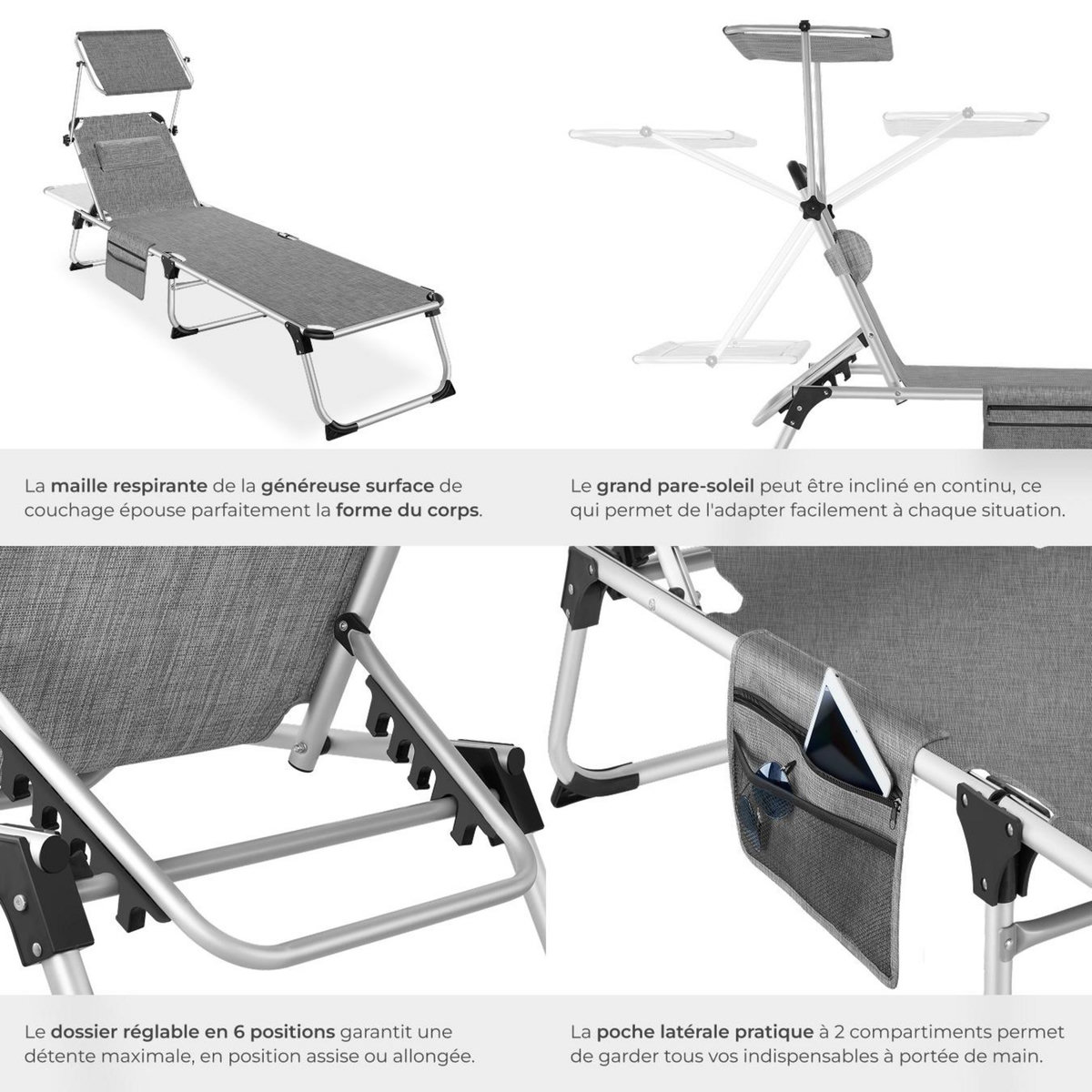 tectake Bain de soleil pliable avec oreiller gris tacheté