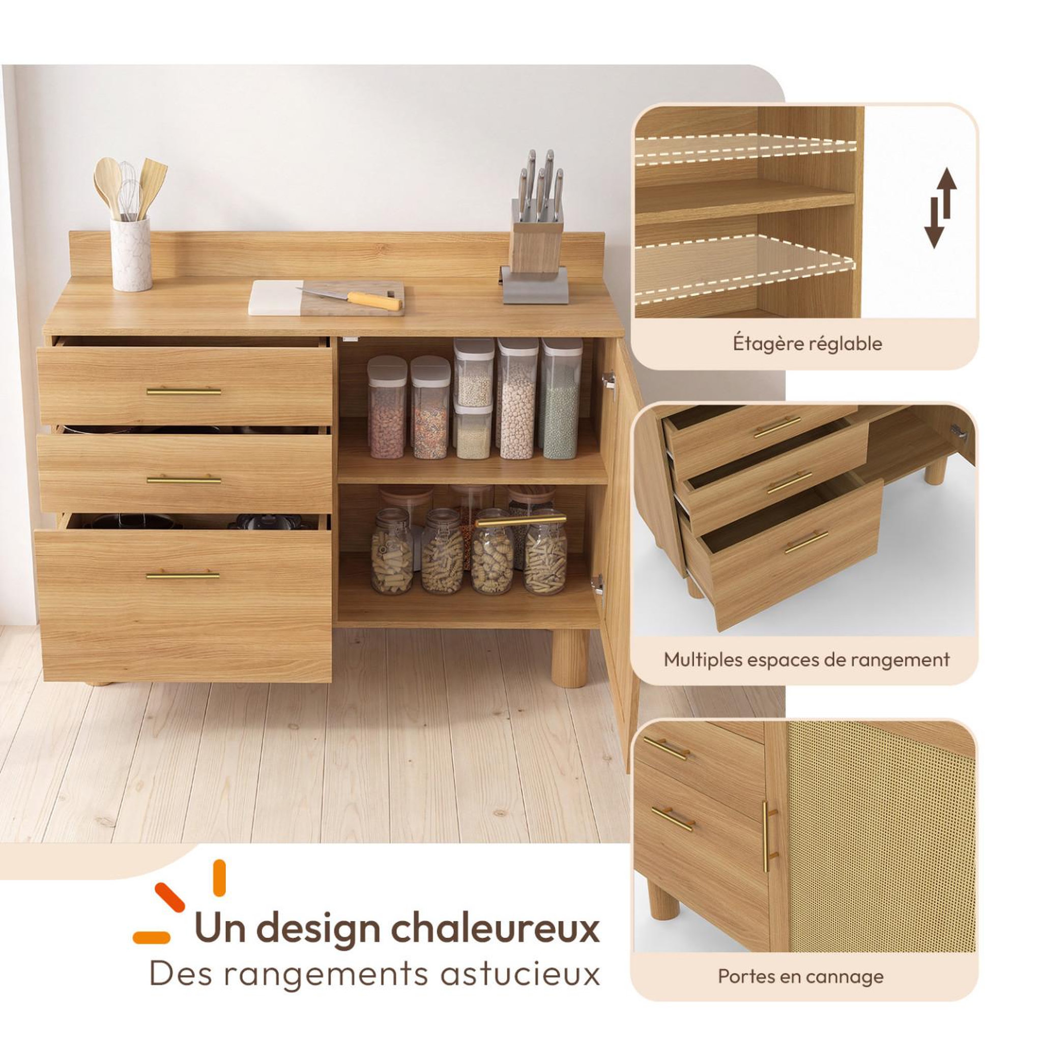 Voir la diapositive 3 : ID MARKET Buffet bas de cuisine 120 cm DENISE en cannage