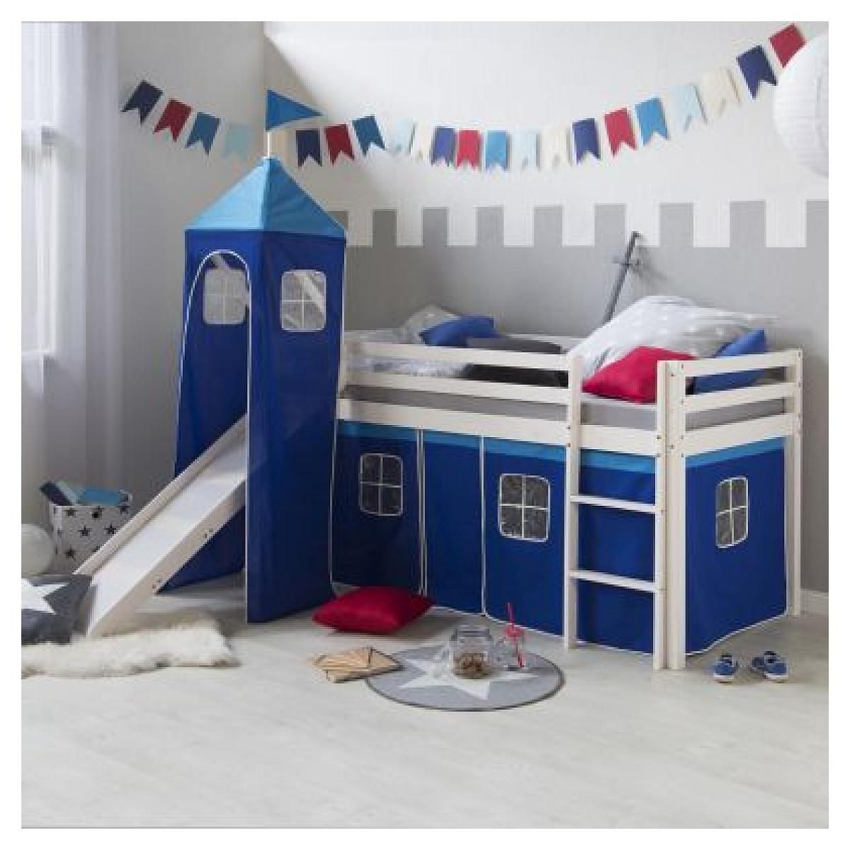 HomeStyle4U Lit avec toboggan et tour - bleu avec sommier