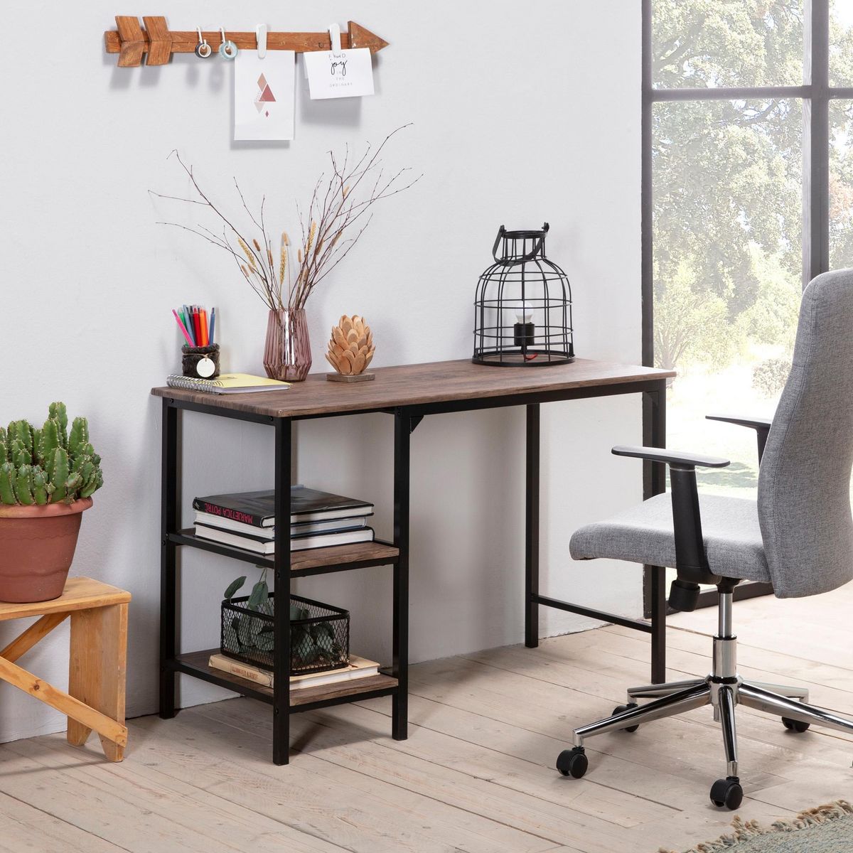 VS VENTA-STOCK Bureau Colón Noir,Table pour PC, 2 Rayons, Style Industriel, 110 cm Longueur