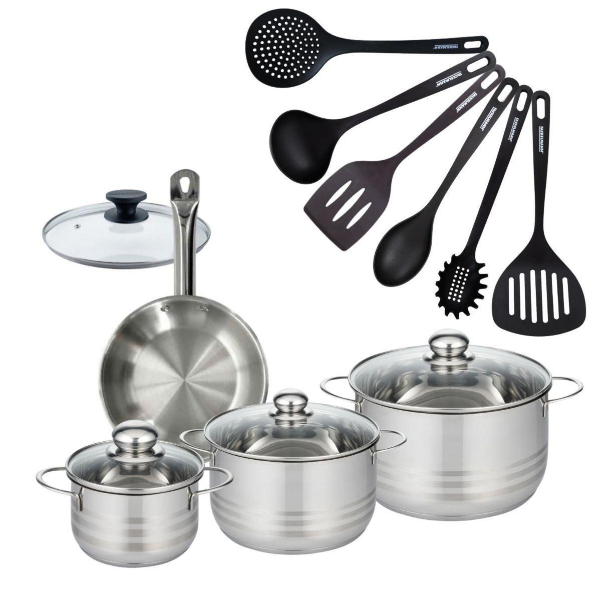 Fackelmann Set 1 poêle 20 cm en inox et 1 couvercle verre, 3 faitouts inox 16, 20 et 24 cm et 6 ustensiles RPET Fackelmann Eterna