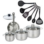 Fackelmann Set 1 poêle 20 cm en inox et 1 couvercle verre, 3 faitouts inox 16, 20 et 24 cm et 6 ustensiles RPET Fackelmann Eterna