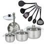 Voir la diapositive 1 : Fackelmann Set 1 poêle 20 cm en inox et 1 couvercle verre, 3 faitouts inox 16, 20 et 24 cm et 6 ustensiles RPET Fackelmann Eterna