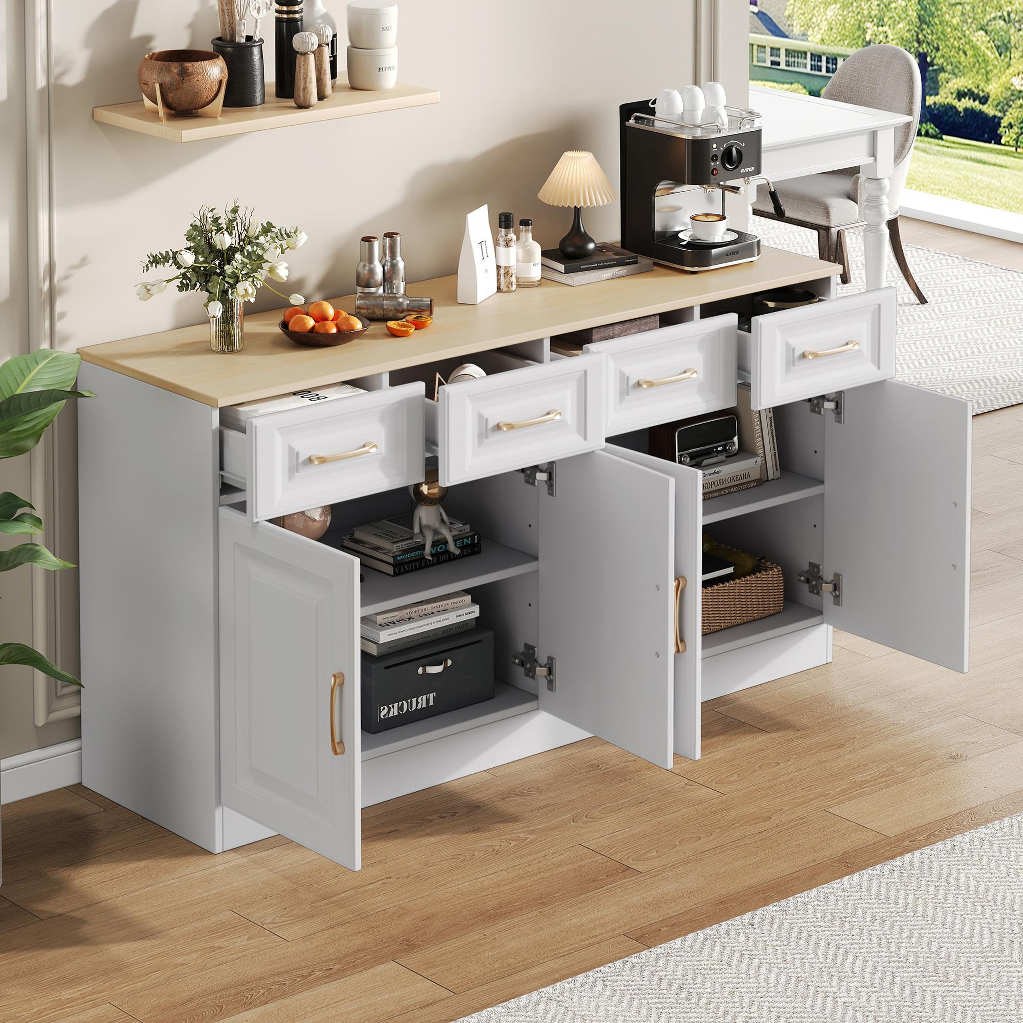Voir la diapositive 5 : MERAX Buffet 4 porte(s) 4 tiroir(s) - 140 cm blanc panneaux de particules