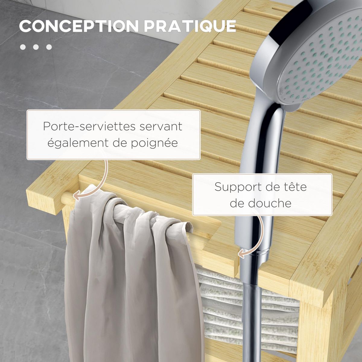 HOMCOM Tabouret de douche - étagère, porte-serviettes - dim. 42L x 29l x 43H cm - bambou verni