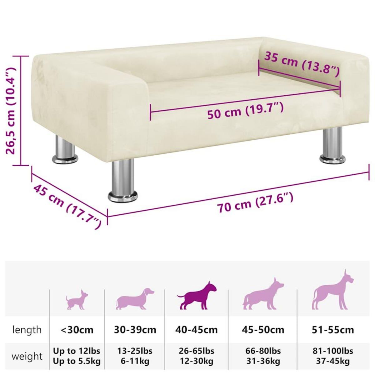 VIDAXL Lit pour chien creme 70x45x26,5 cm velours