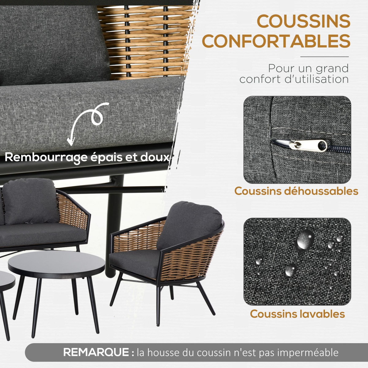 OUTSUNNY Salon de jardin 5 places 5 pièces style colonial tables gigognes coussins grand confort inclus résine tressée aspect rotin