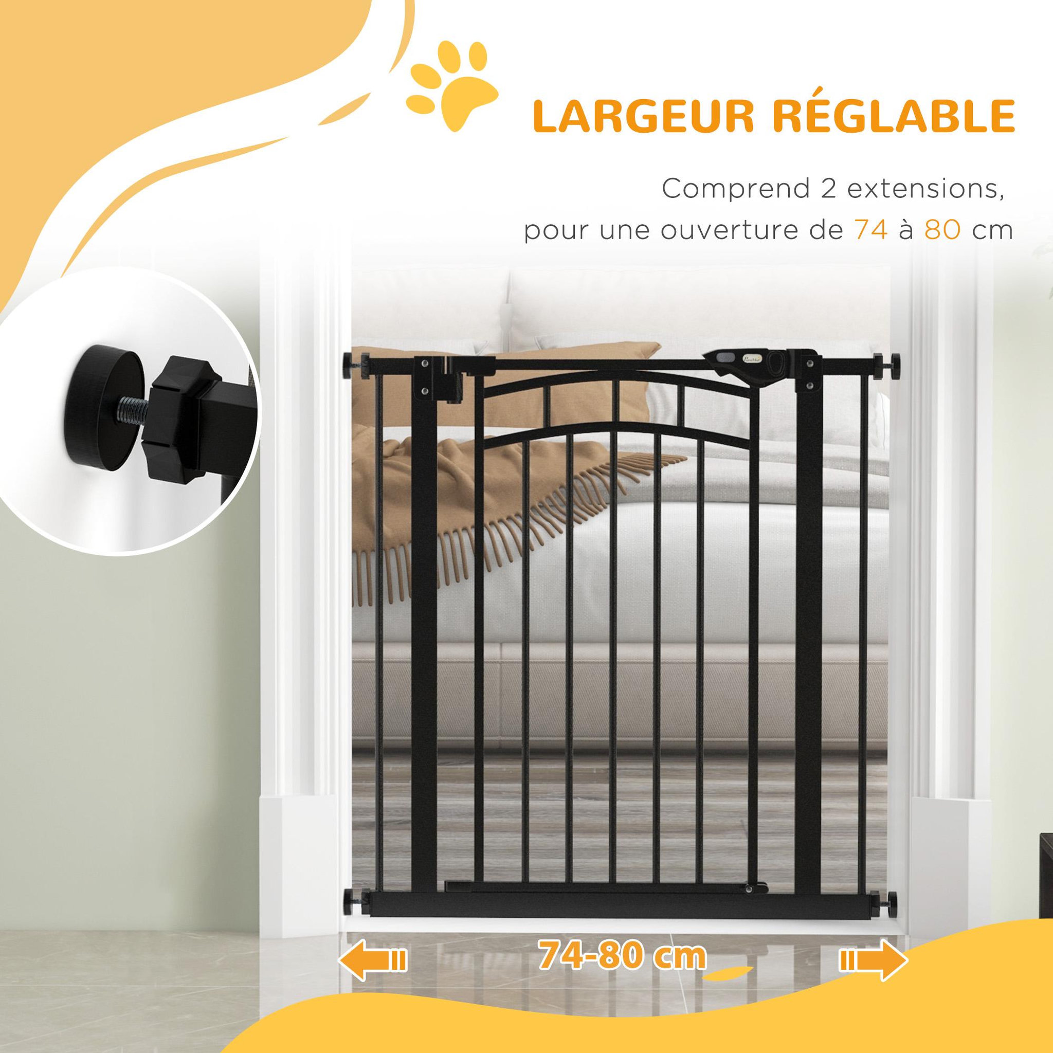 Voir la diapositive 6 : PAWHUT Barrière de sécurité pour chien - barrière à pression extensible - double système de verrouillage - acier noir