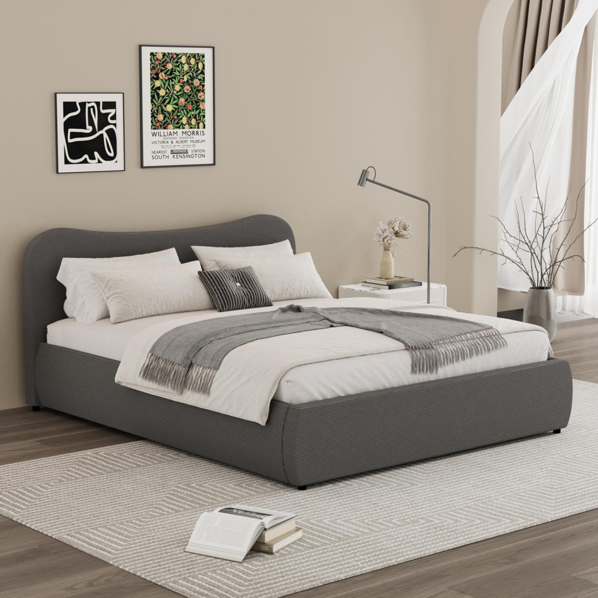 Voir la diapositive 4 : CONCEPT USINE Lit coffre 160x200cm design arrondi velours côtelé gris plano