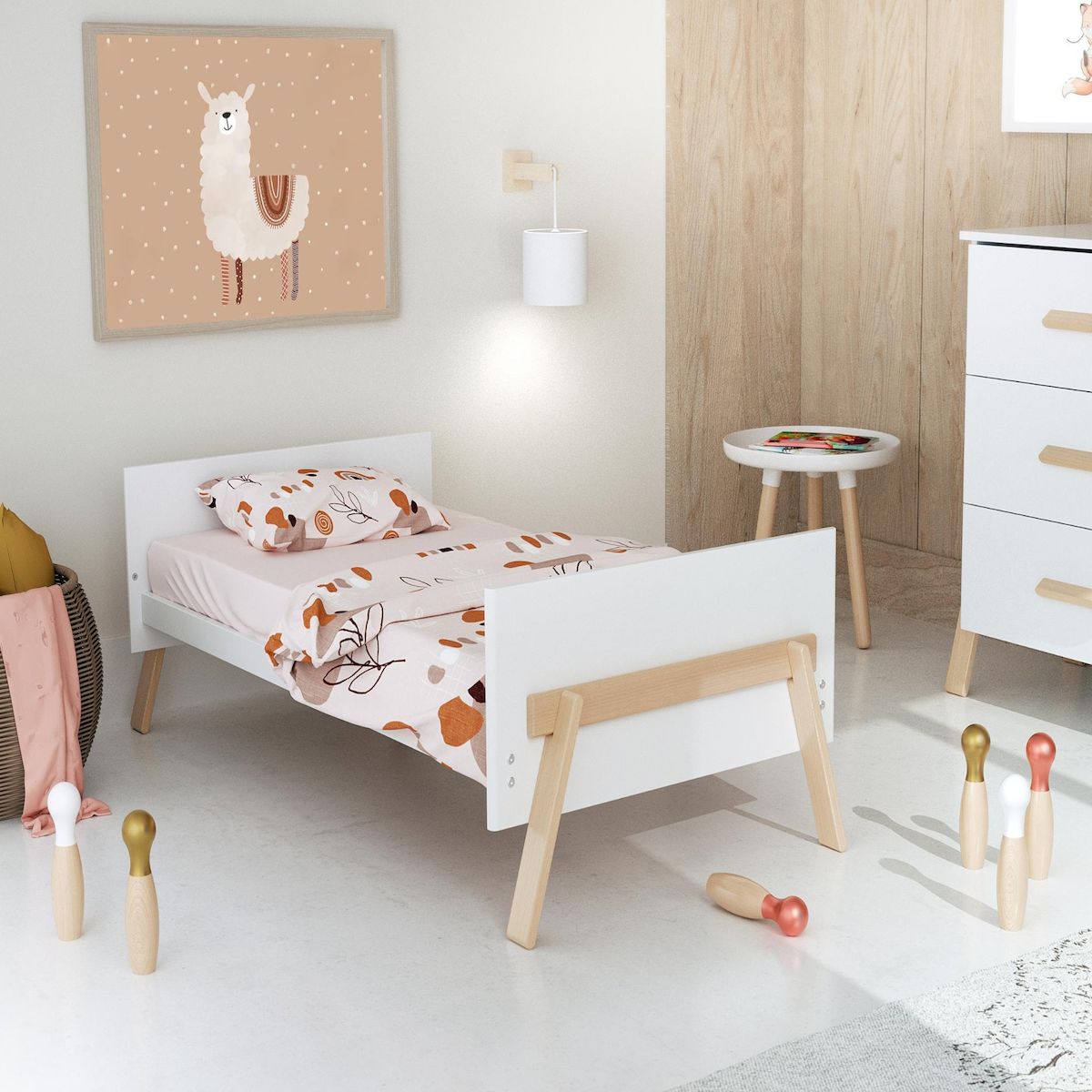 AT4 Lit bébé évolutif en bois CANAILLE Blanc et Hêtre Verni 70 x 140 cm