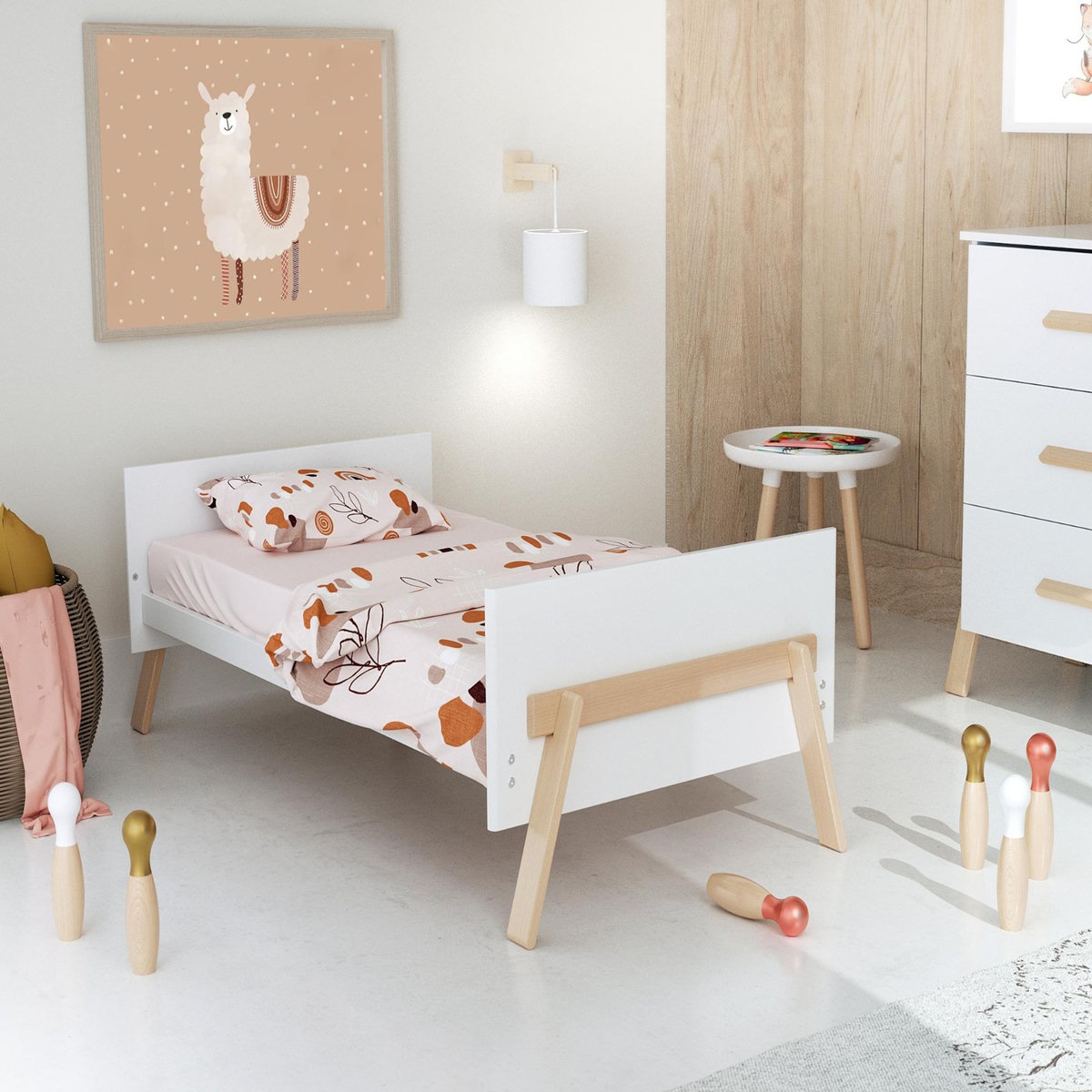 AT4 Lit bébé évolutif en bois CANAILLE Blanc et Hêtre Verni 70 x 140 cm