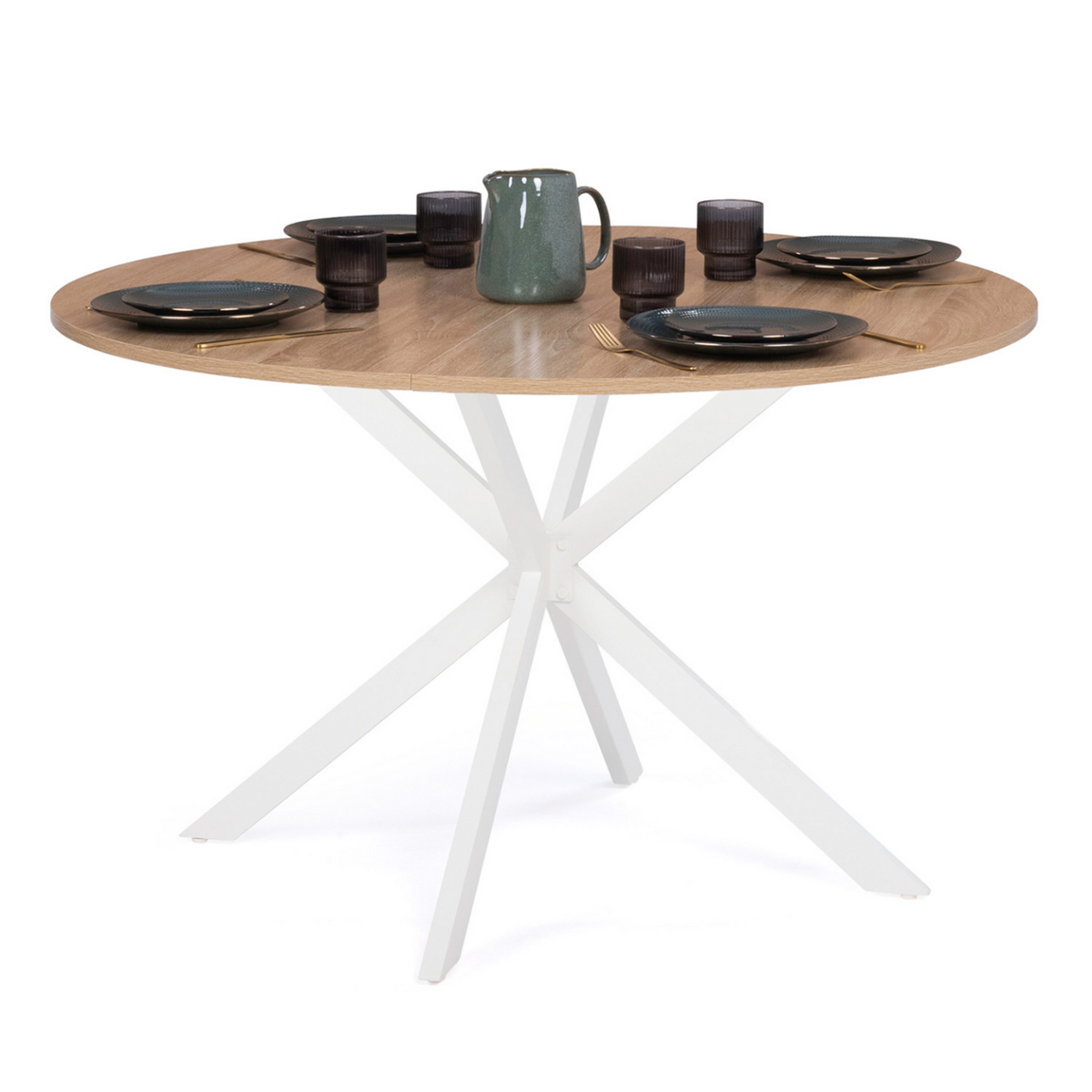ID MARKET Table à manger ronde ALIX 6 personnes pied araignée bois et blanc 110 cm