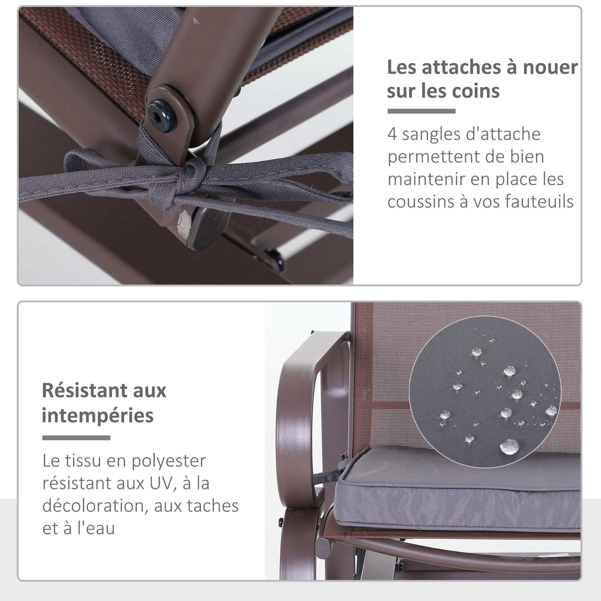 Voir la diapositive 5 : OUTSUNNY Lot de 2 coussins d'assise carrés chaises fauteuils tabourets - coussins déhoussables zippés avec cordons d'attache - dim. 45L x 45l cm ép. 5 cm - polyester gris