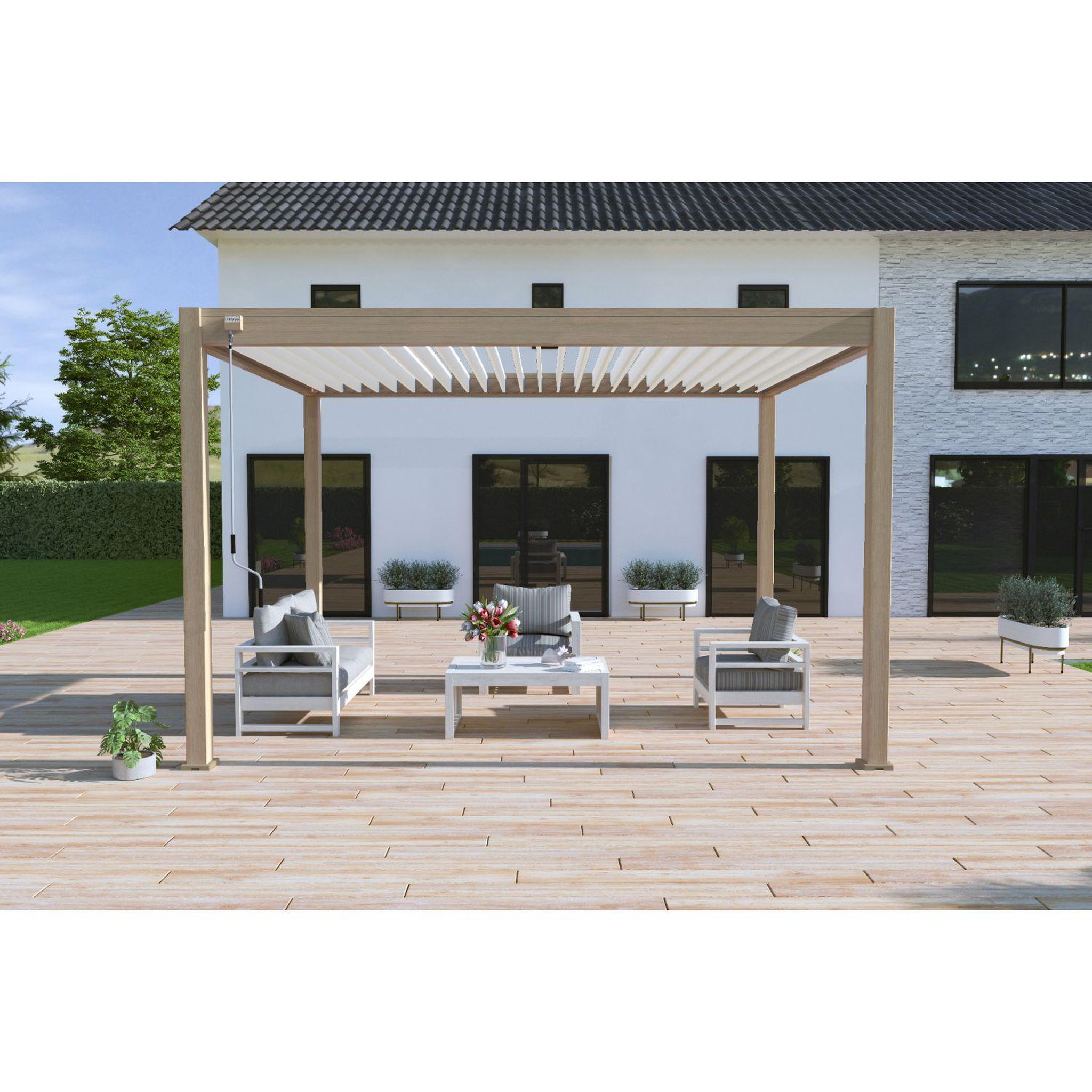 Voir la diapositive 3 : Pergola Bioclimatique autoportée 3X4 m - Aluminium - effet bois naturel/blanc - VS OMBREA®